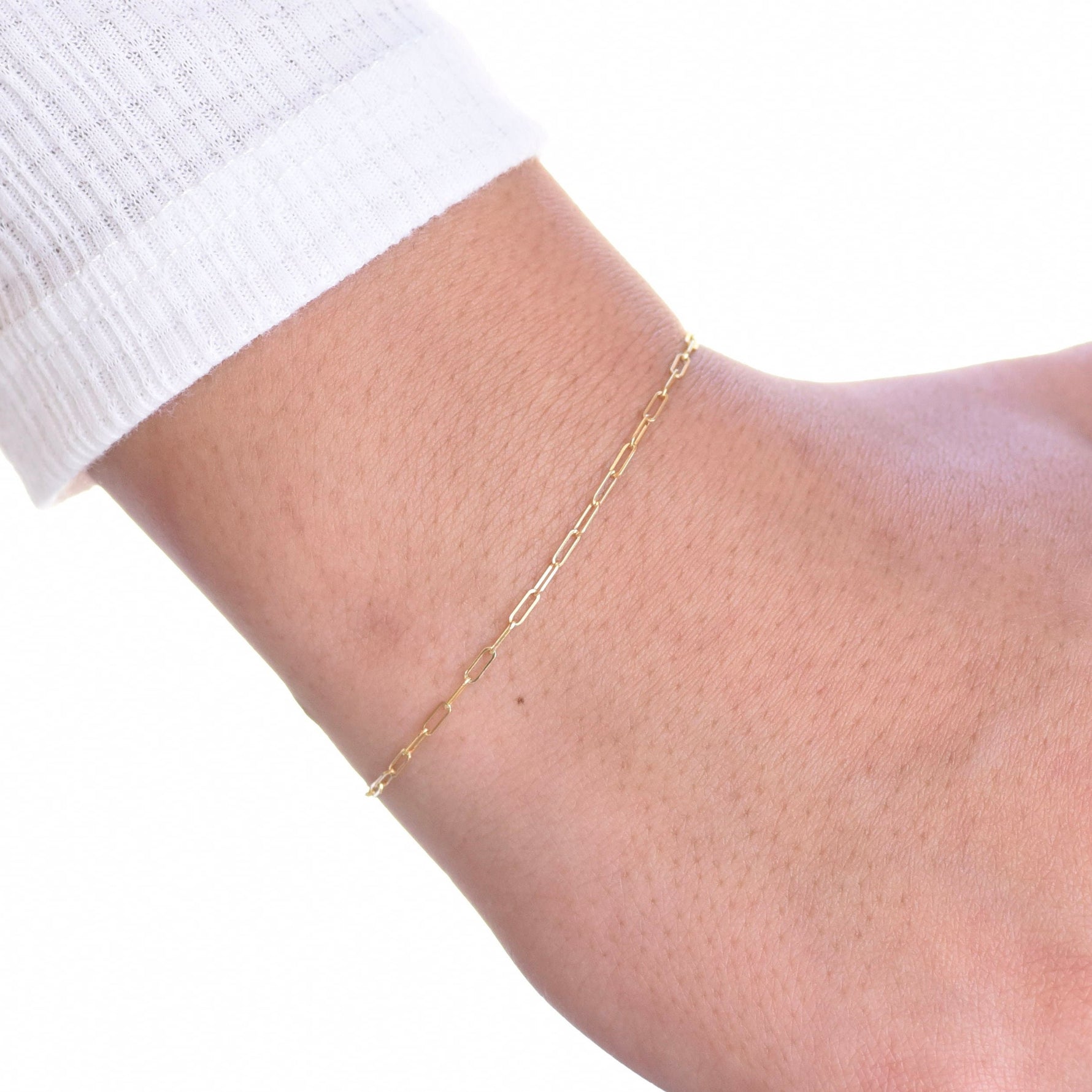 14K Yellow Gold Paper Clip Chain Bracelet - Delicate Minimalist Style - Sash Jewelry