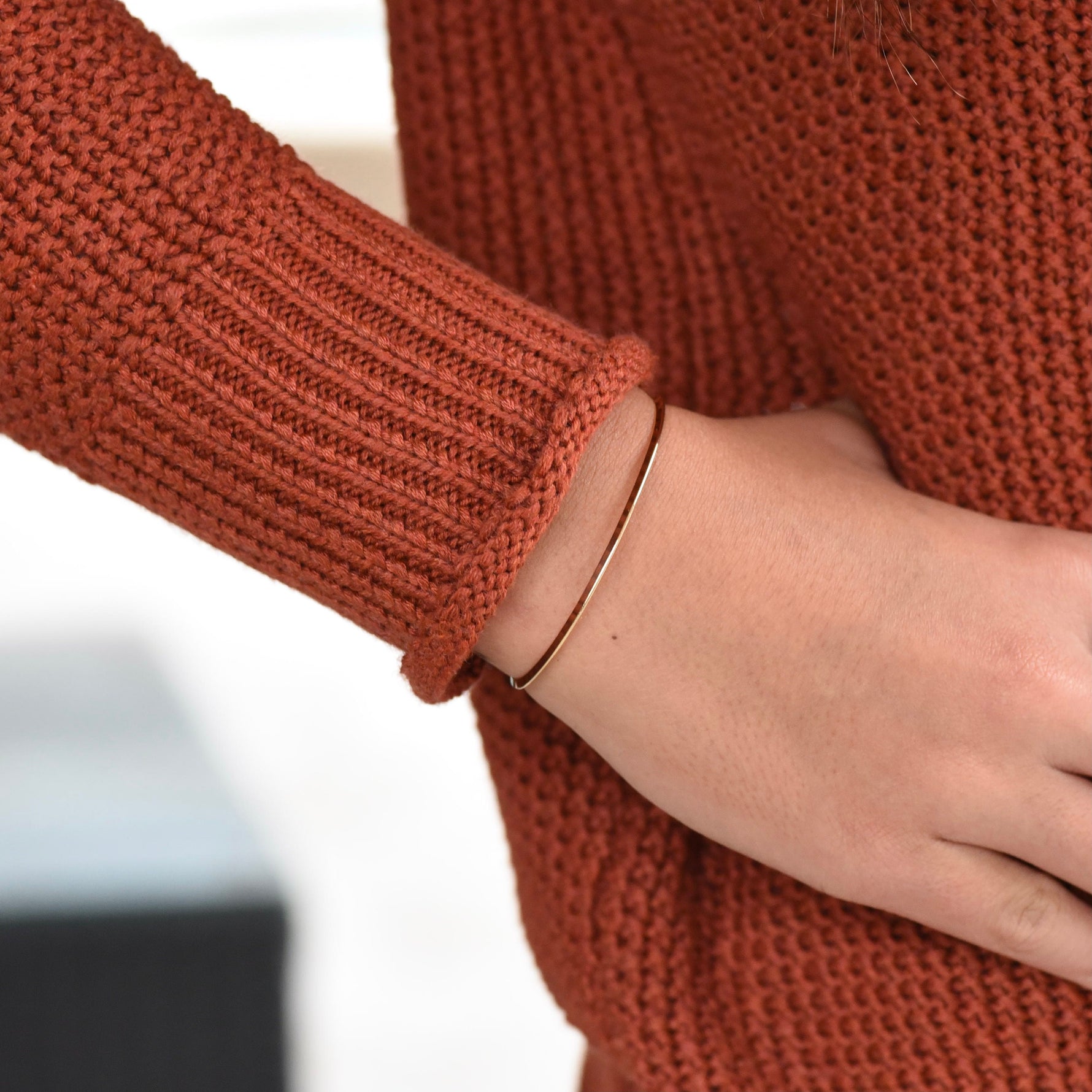 14K Solid Gold Cuff Bracelet – Minimalist Gold Cuff, Thin Open Bracelet - Sash Jewelry