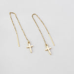 Tiny cross charm threader earrings in 14K gold