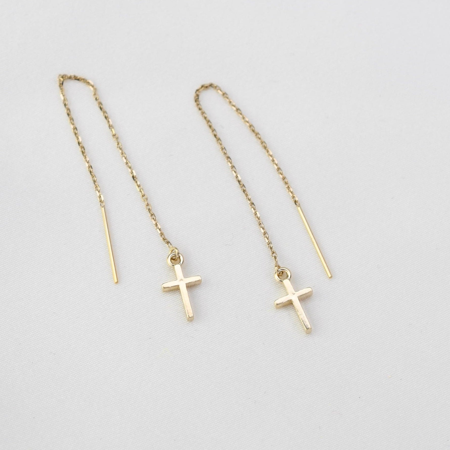 Tiny cross charm threader earrings in 14K gold