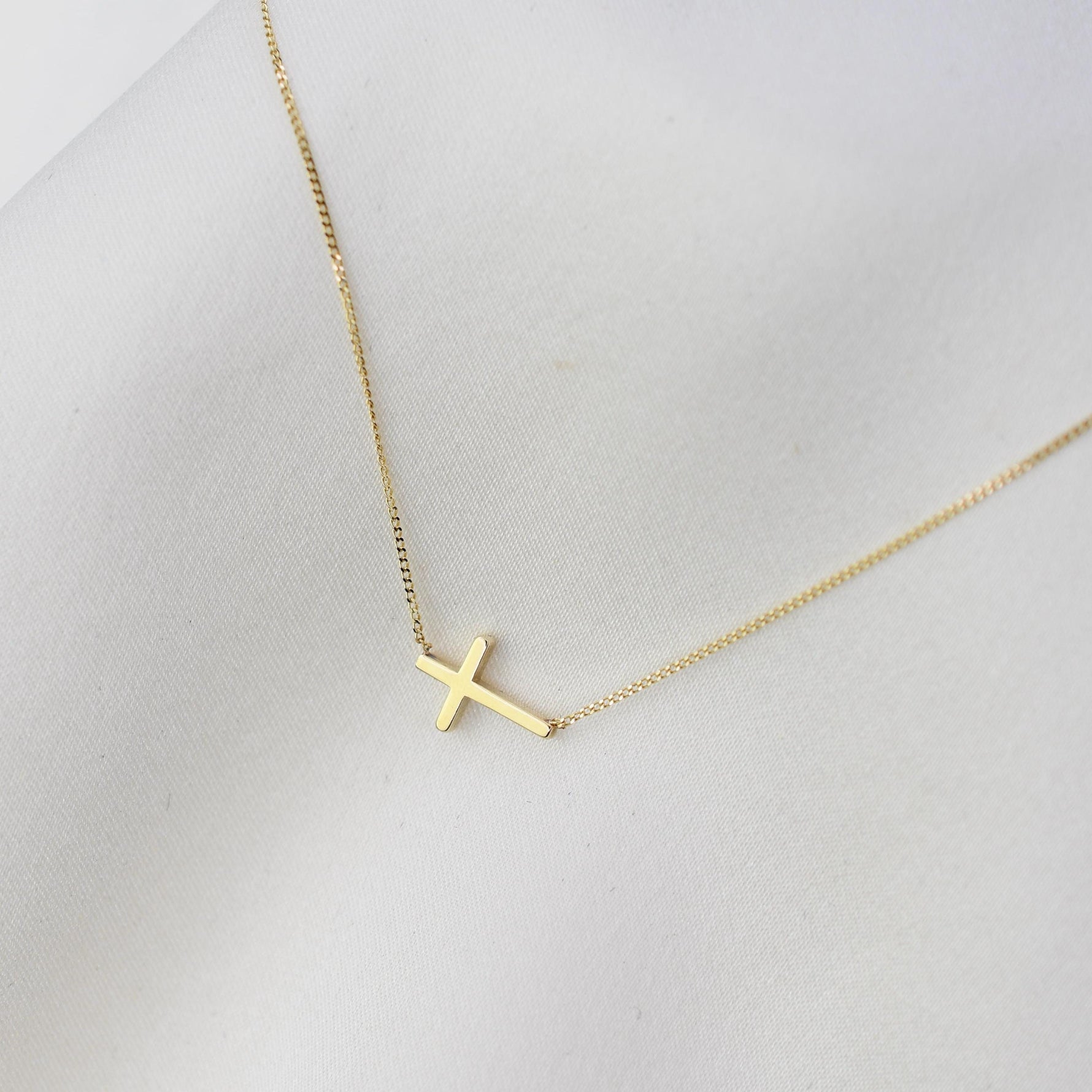 14K Gold Dainty Tiny Sideway Cross Necklace — Delicate Sideway Cross Necklace - Sash Jewelry