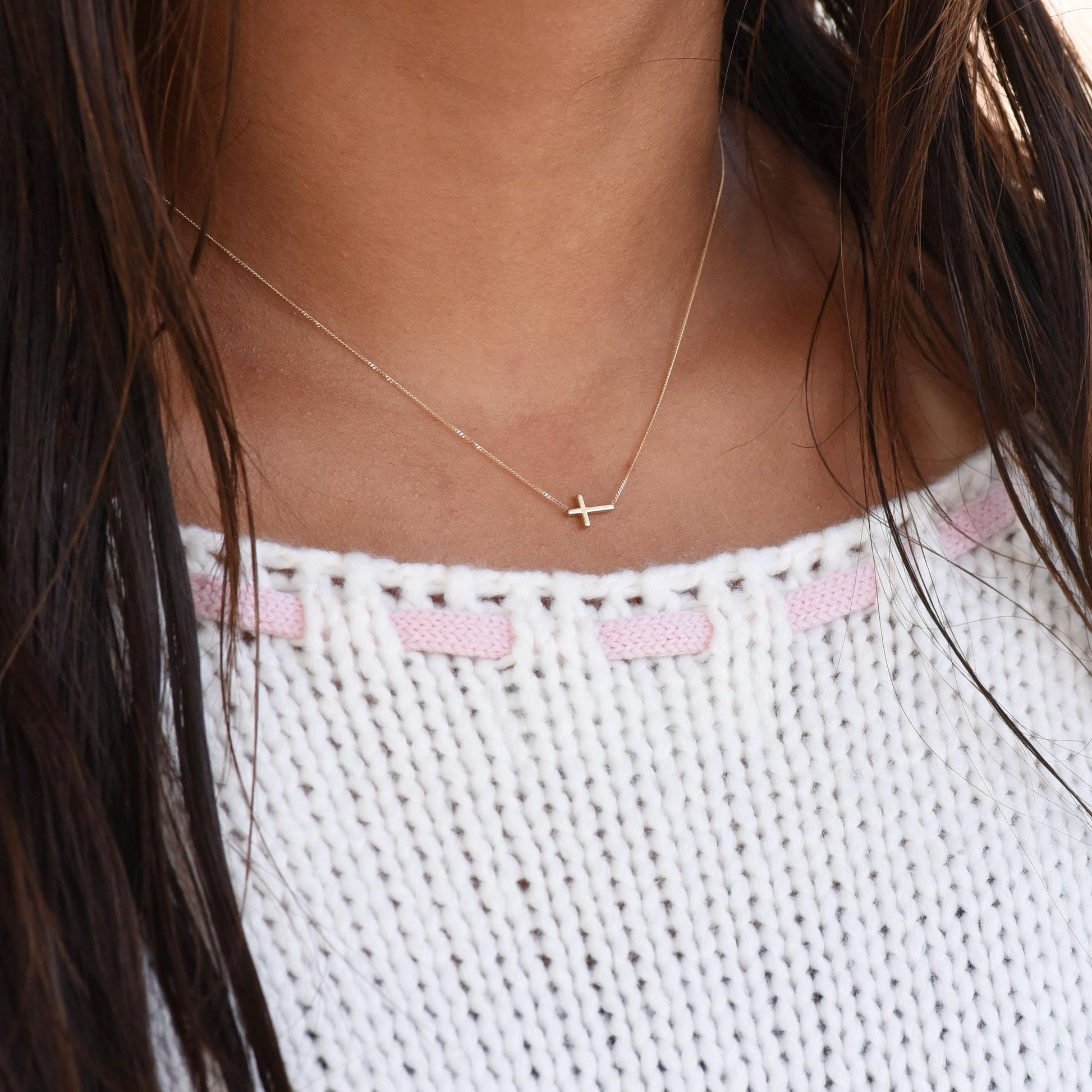 14k gold sideway cross necklace 