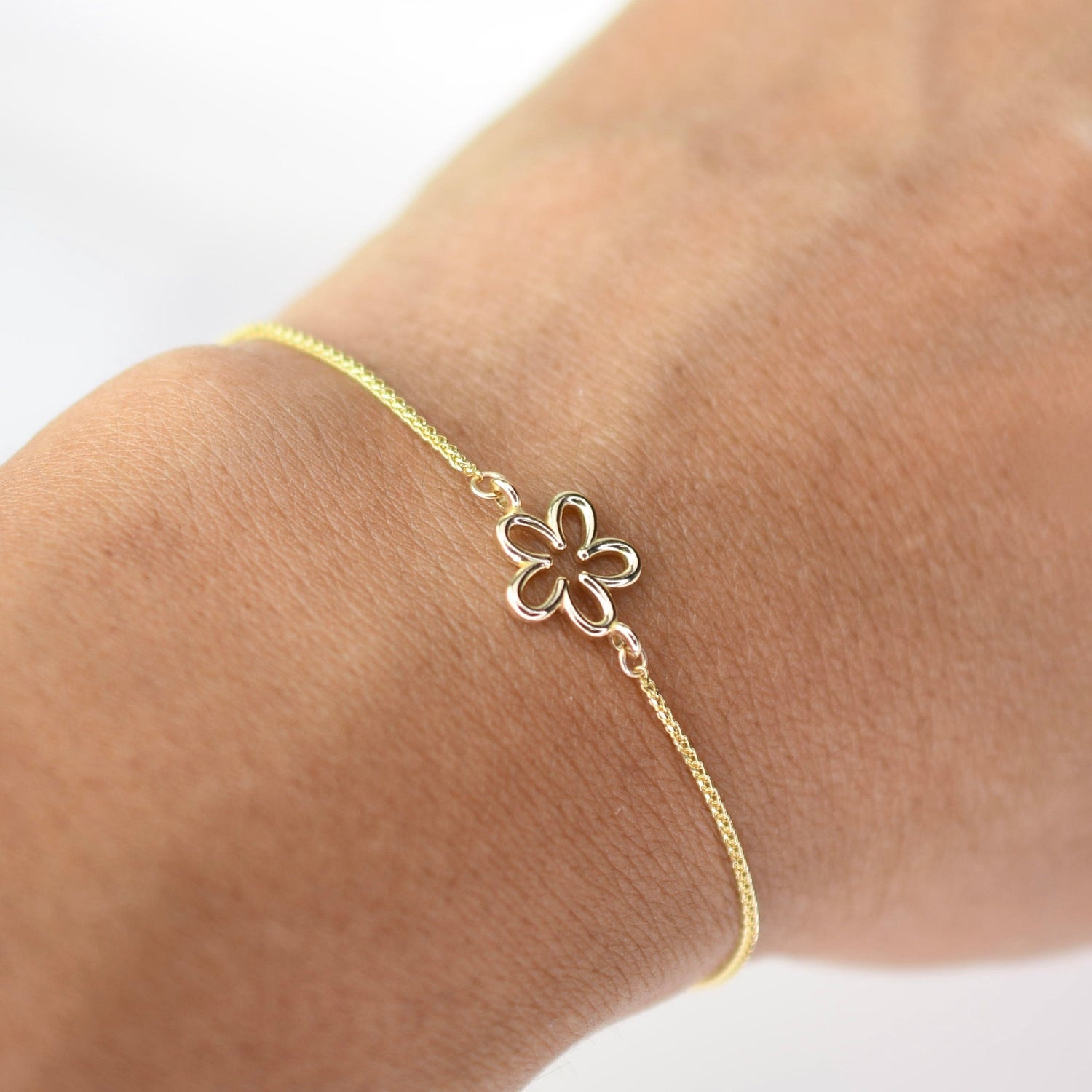 14K Gold Flower Bracelet — Sparkly 1mm Wheat Chain