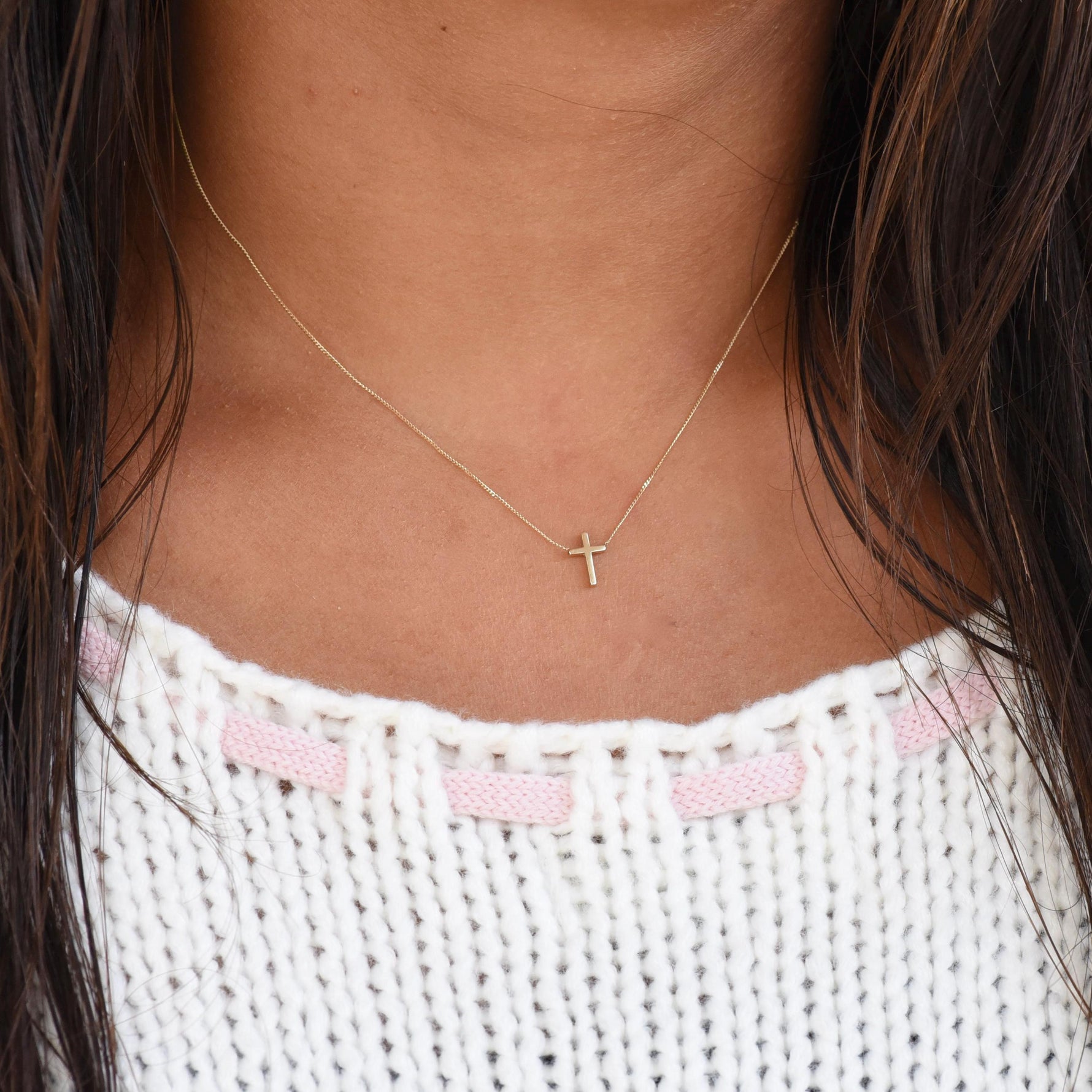 14K Gold Dainty Tiny Cross Necklace — Delicate Floating Cross Necklace - Sash Jewelry