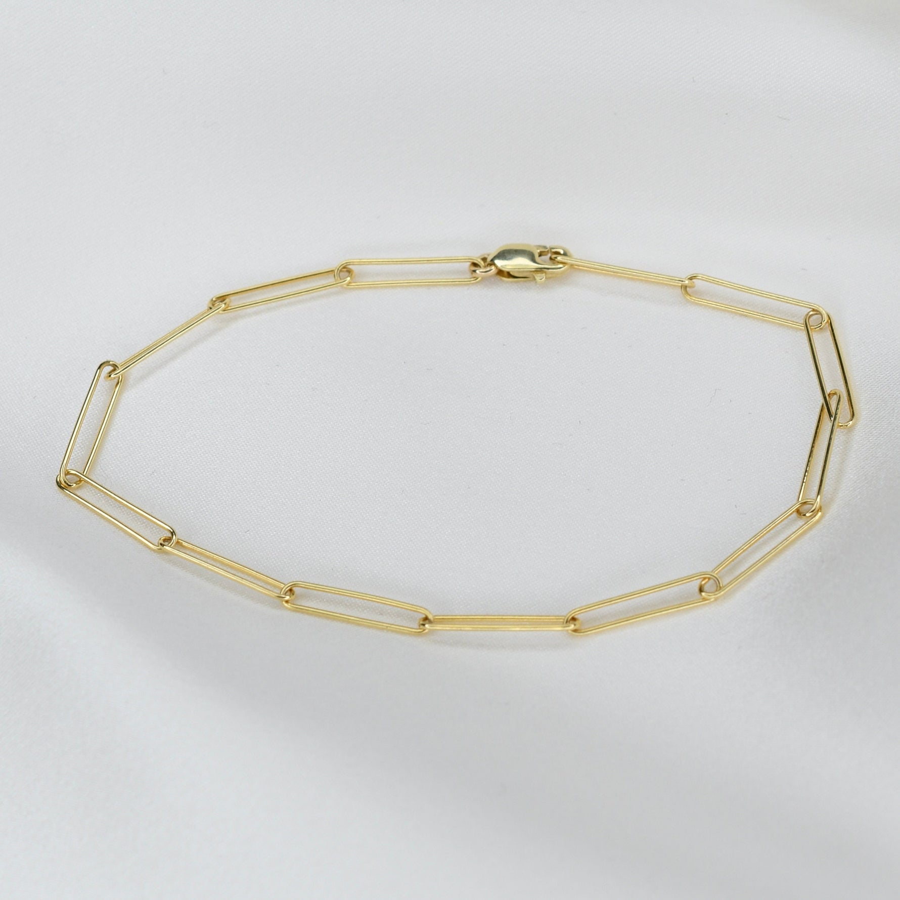 Solid 14K gold paper clip chain bracelet with lobster clasp