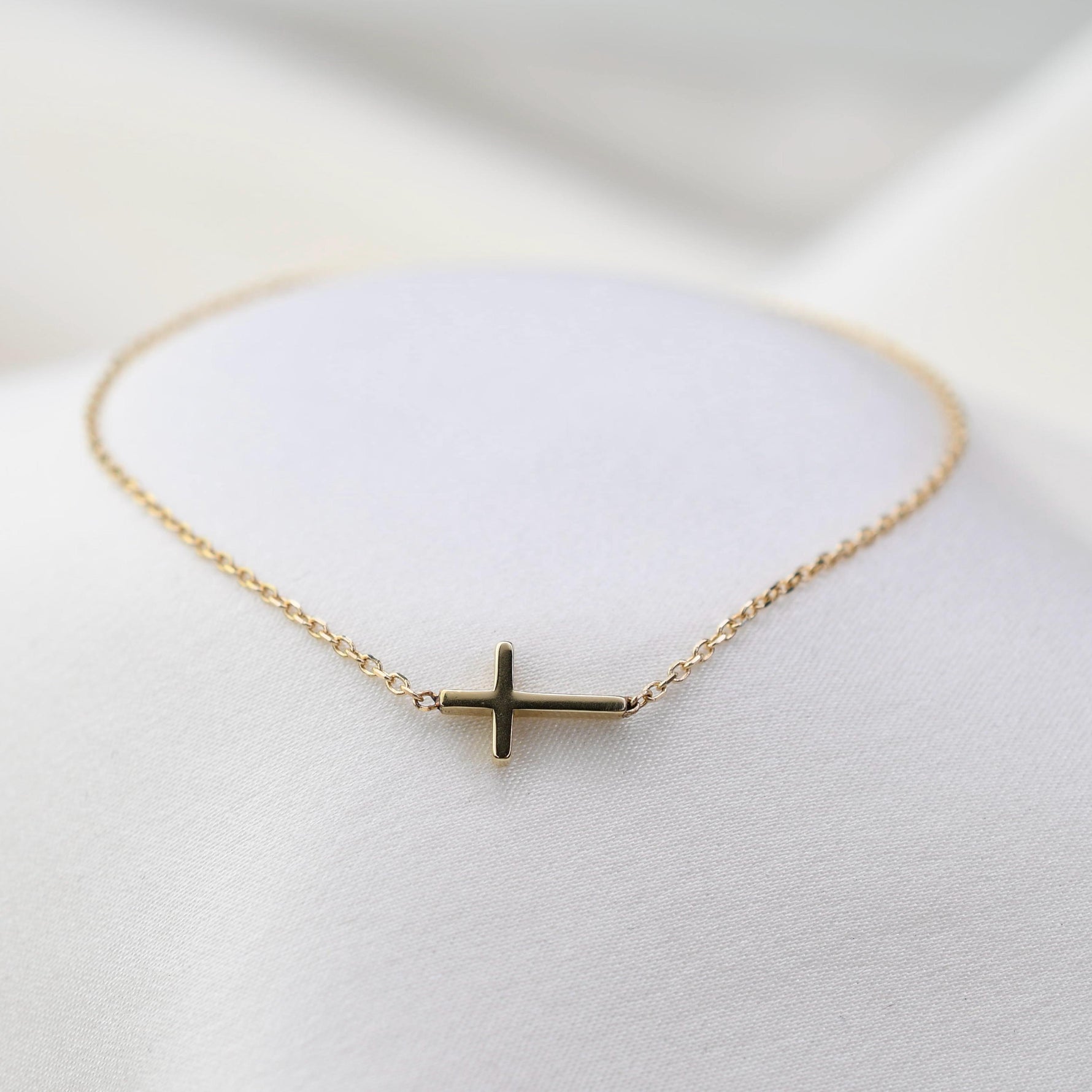 14K Solid Gold Side Cross Bracelet: Minimalist Christian Jewelry - Sash Jewelry