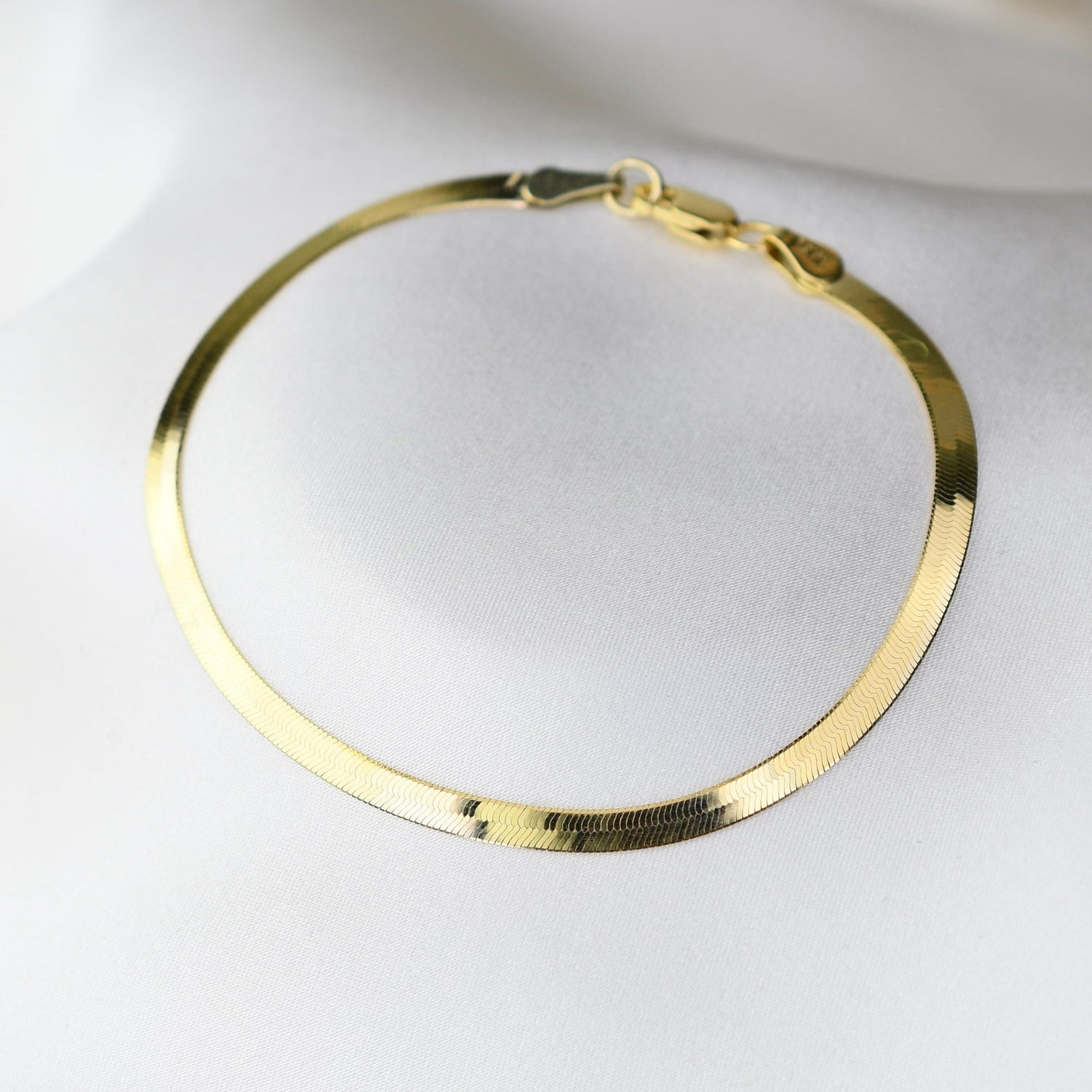 14K Gold Herringbone Chain Bracelet | Solid Gold 3mm Flat Chain Bracelet