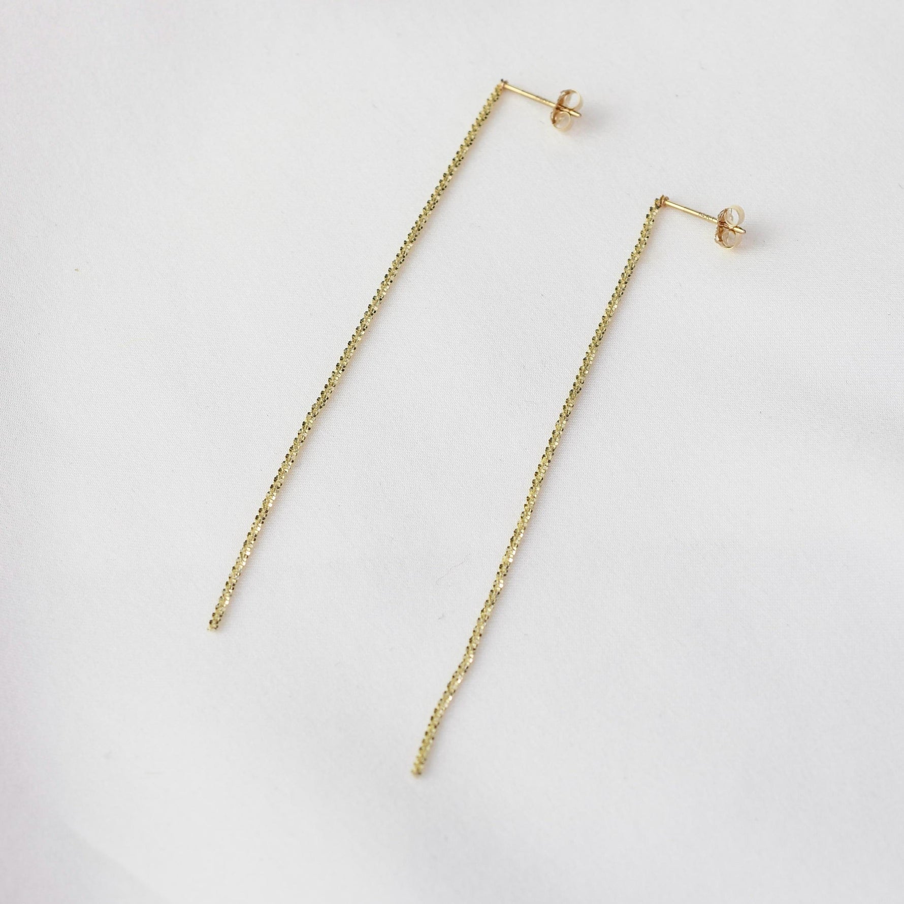 14K Gold Long Chain Earrings – Solid Gold Sparkle Chain - Sash Jewelry