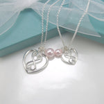 Mother Daughter heart Infinity necklace set, Heart Infinity necklaces, Silver Infinity, Pink Pearl Necklace - Sash Jewelry