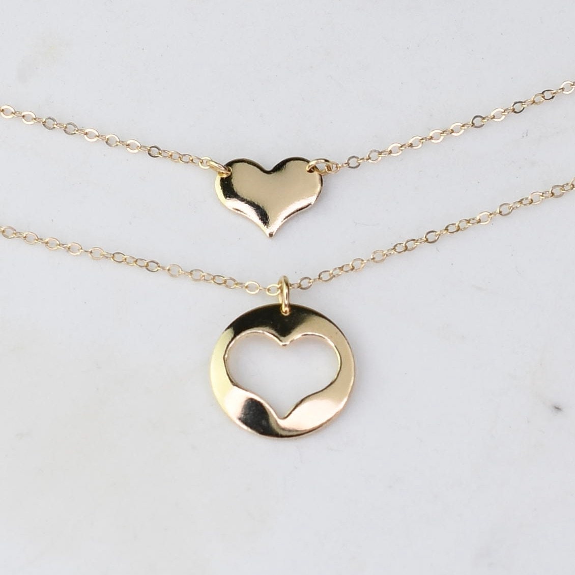 Mother Daughter Gift. Mother daughter 14K gold heart necklace set. Mother Gift. - Sash Jewelry
