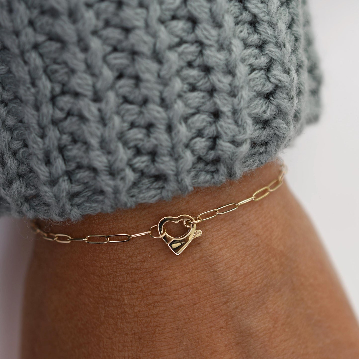 14K Gold Paperclip Bracelet with Heart Clasp