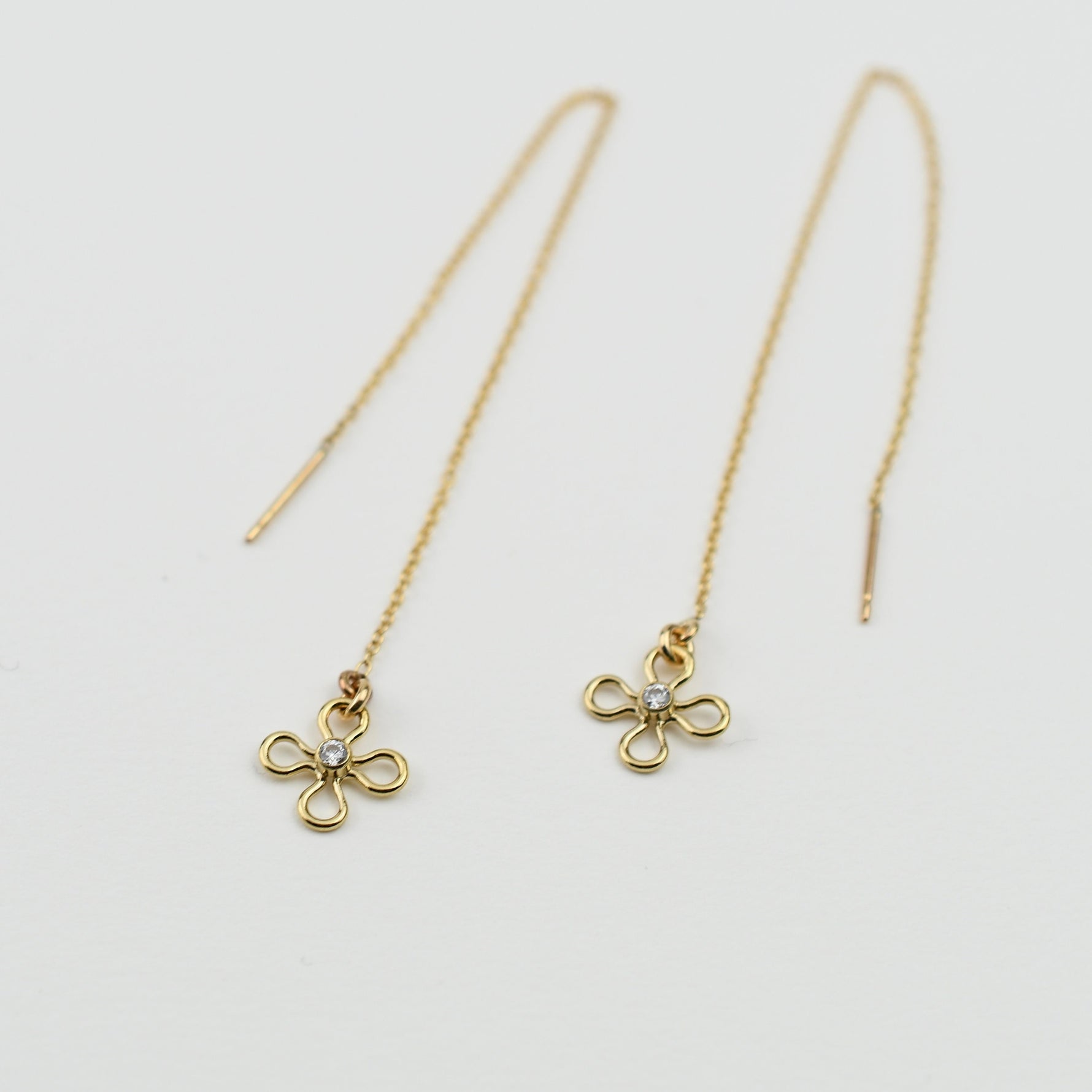 Gold Threader Tiny Flower Earrings – Delicate Gold Chain Earrings, Dainty Floral Jewelry, Minimalist Pull Through Earrings - Sash Jewelry