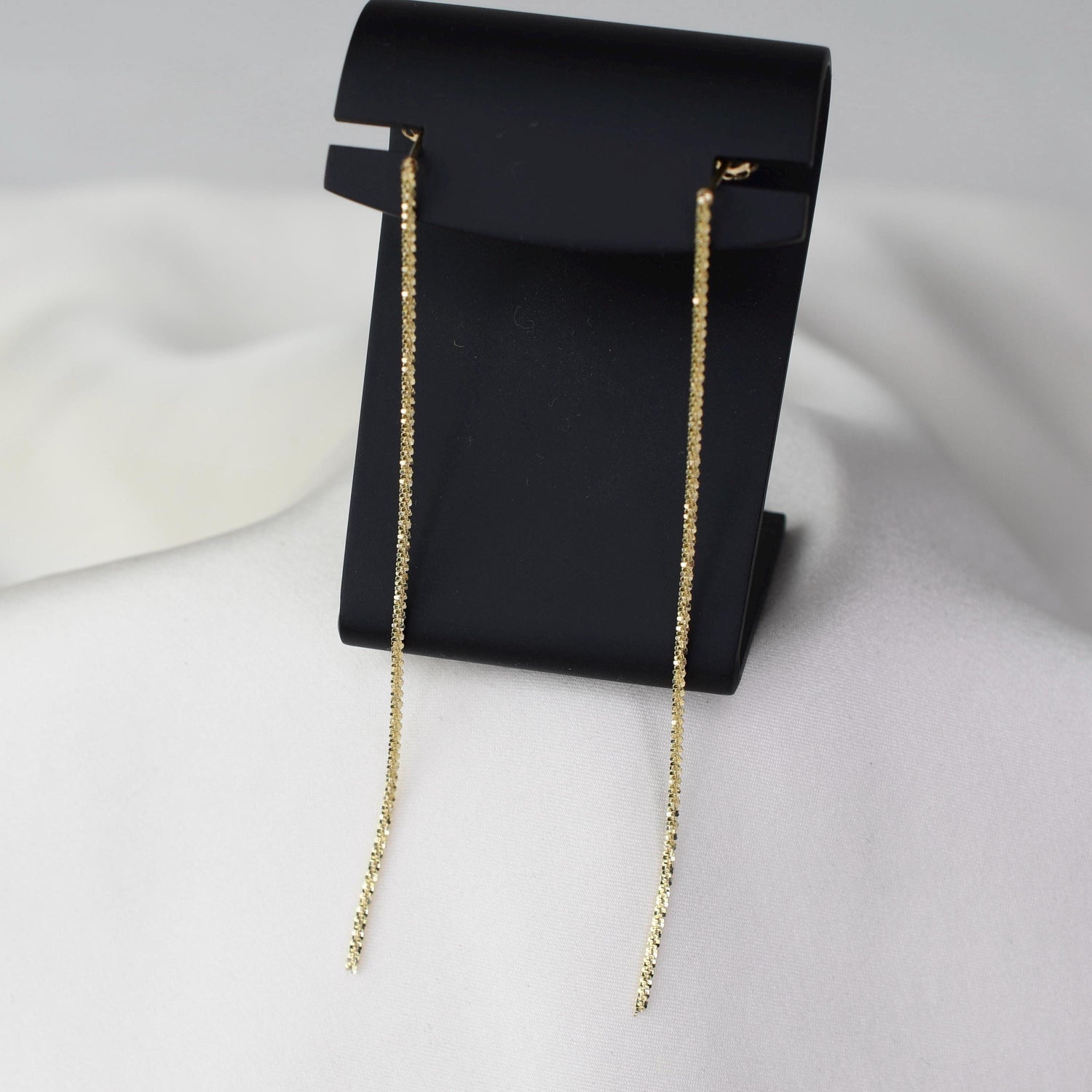 14K Gold Long Chain Earrings – Solid Gold Sparkle Chain - Sash Jewelry