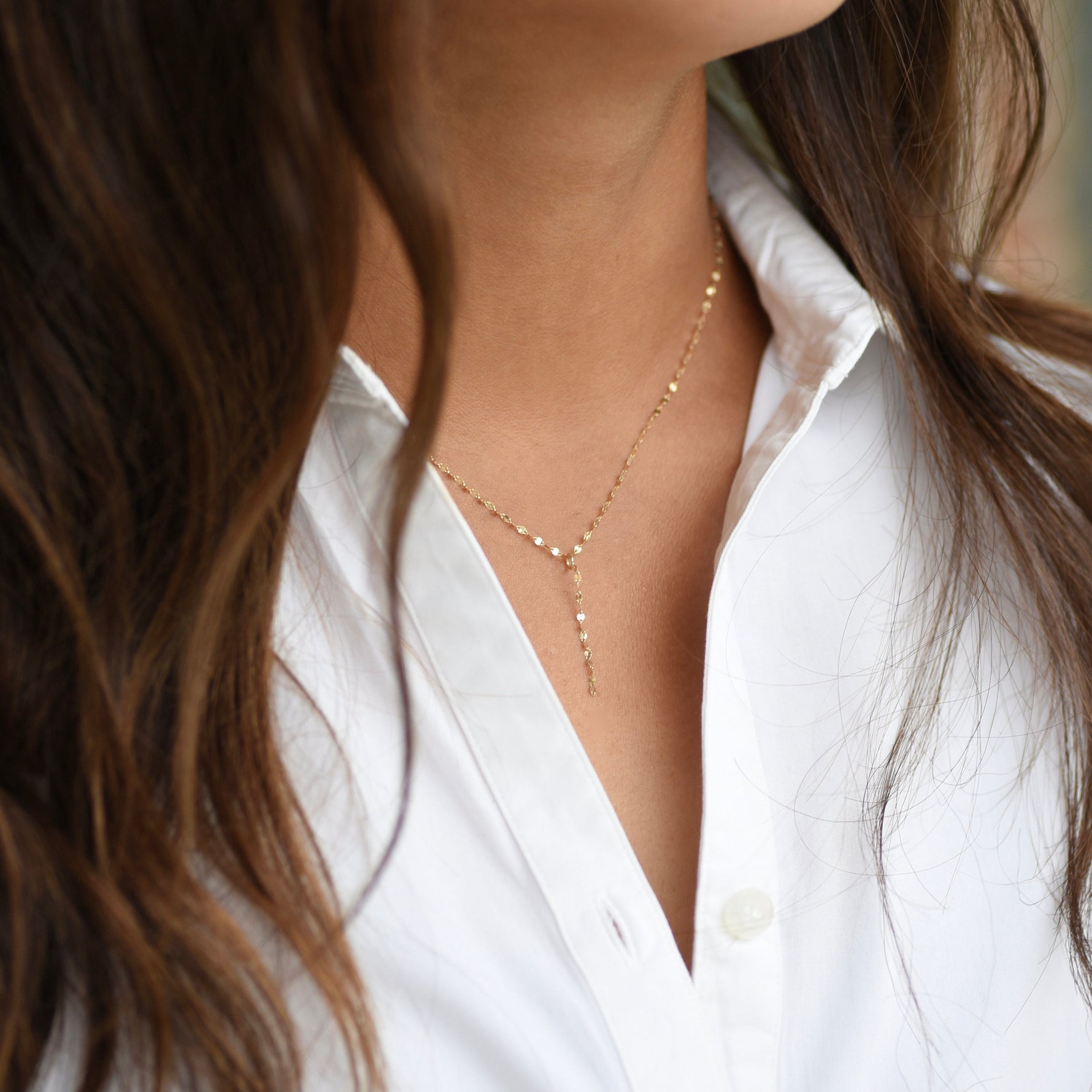 14K Gold Delicate Sparkle Y Necklace - Sash Jewelry
