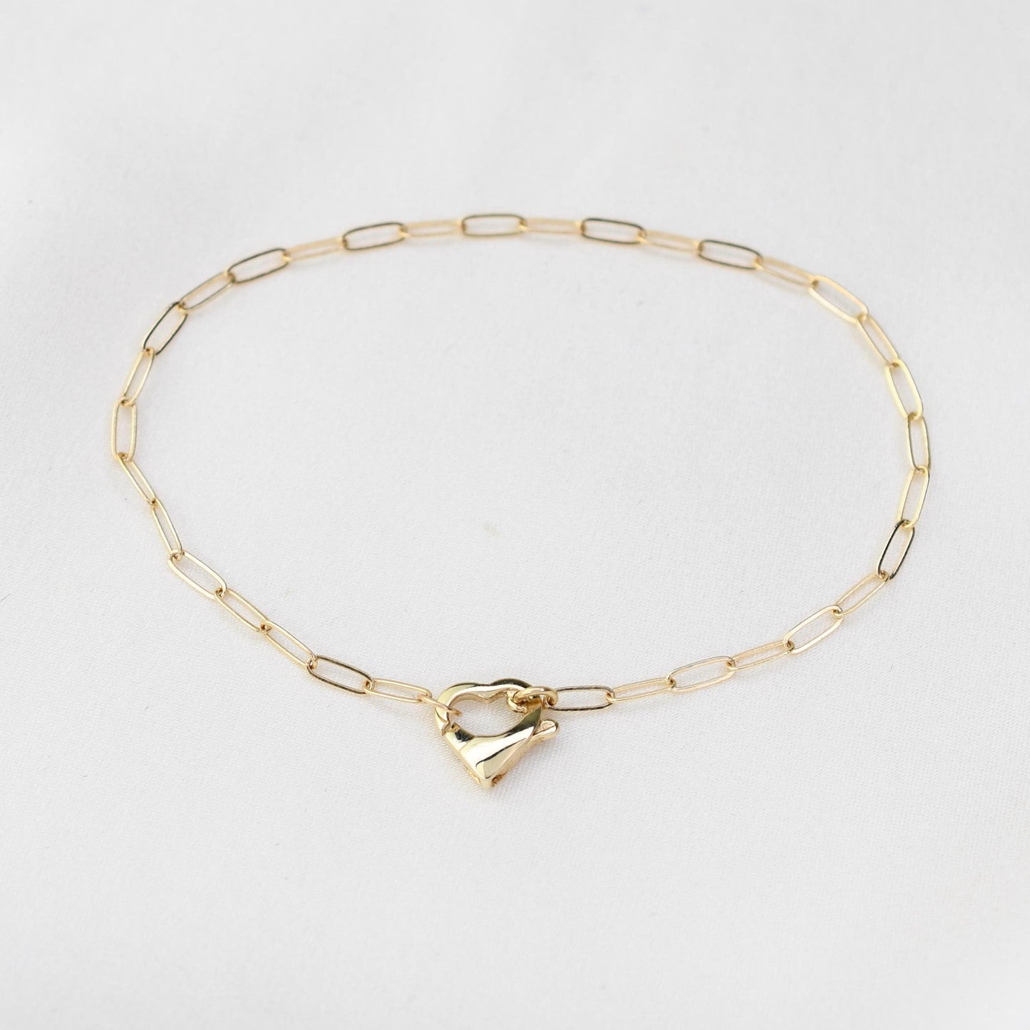14K Gold Paperclip Bracelet with Heart Clasp