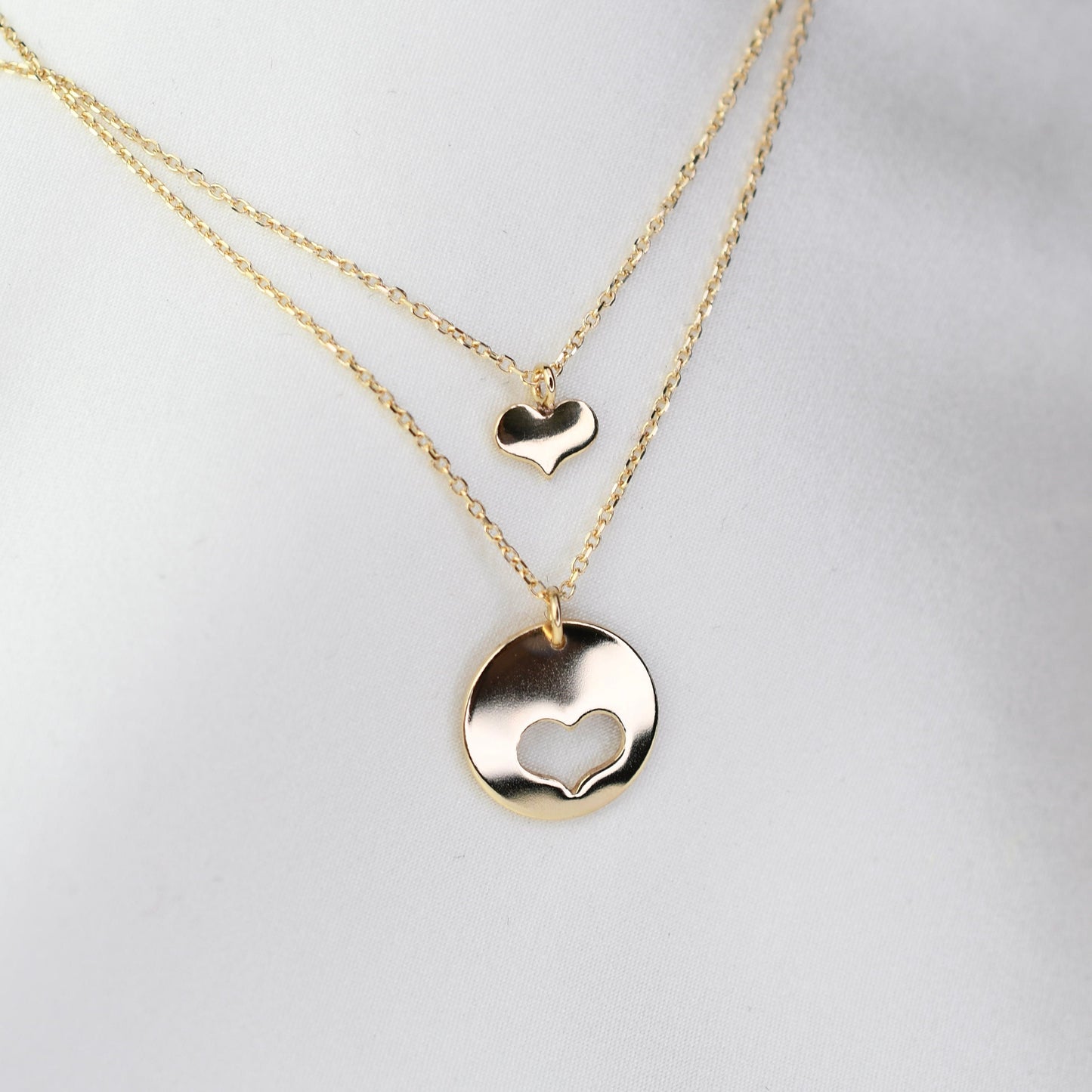 14K gold mother daughter heart necklace set