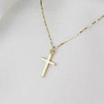 14K Gold Small Cross Necklace: Dainty Box Chain - Sash Jewelry