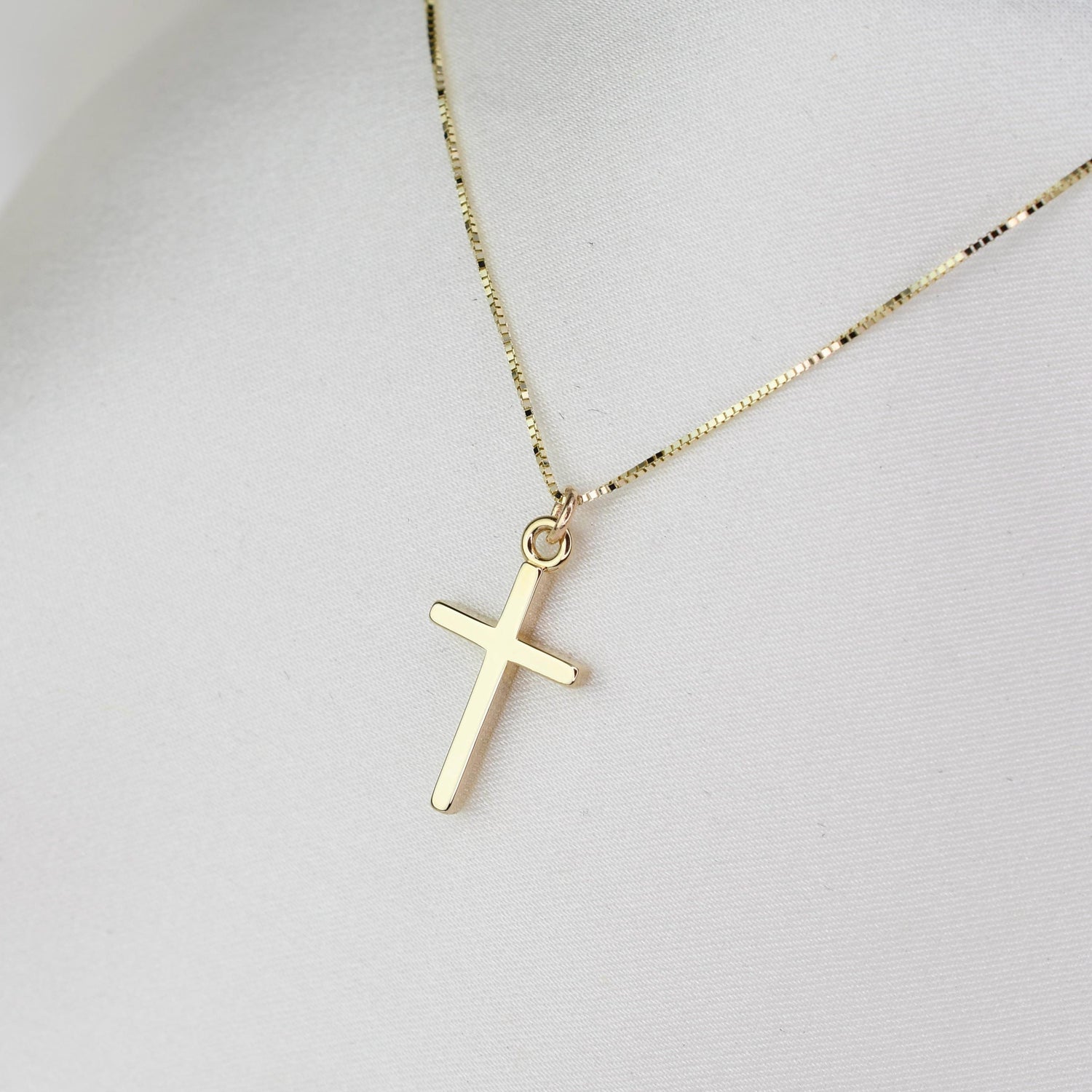 14K Gold Small Cross Necklace: Dainty Box Chain - Sash Jewelry