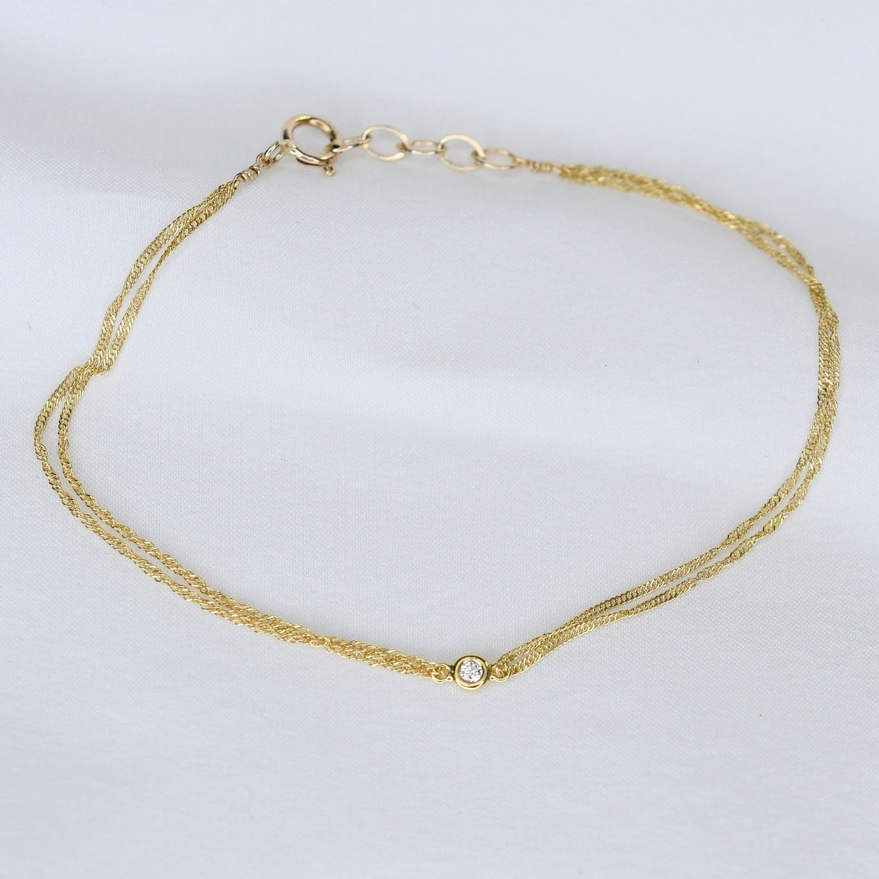14K Gold Double Chain Diamond Bracelet – Dainty Solid Gold Bracelet - Sash Jewelry