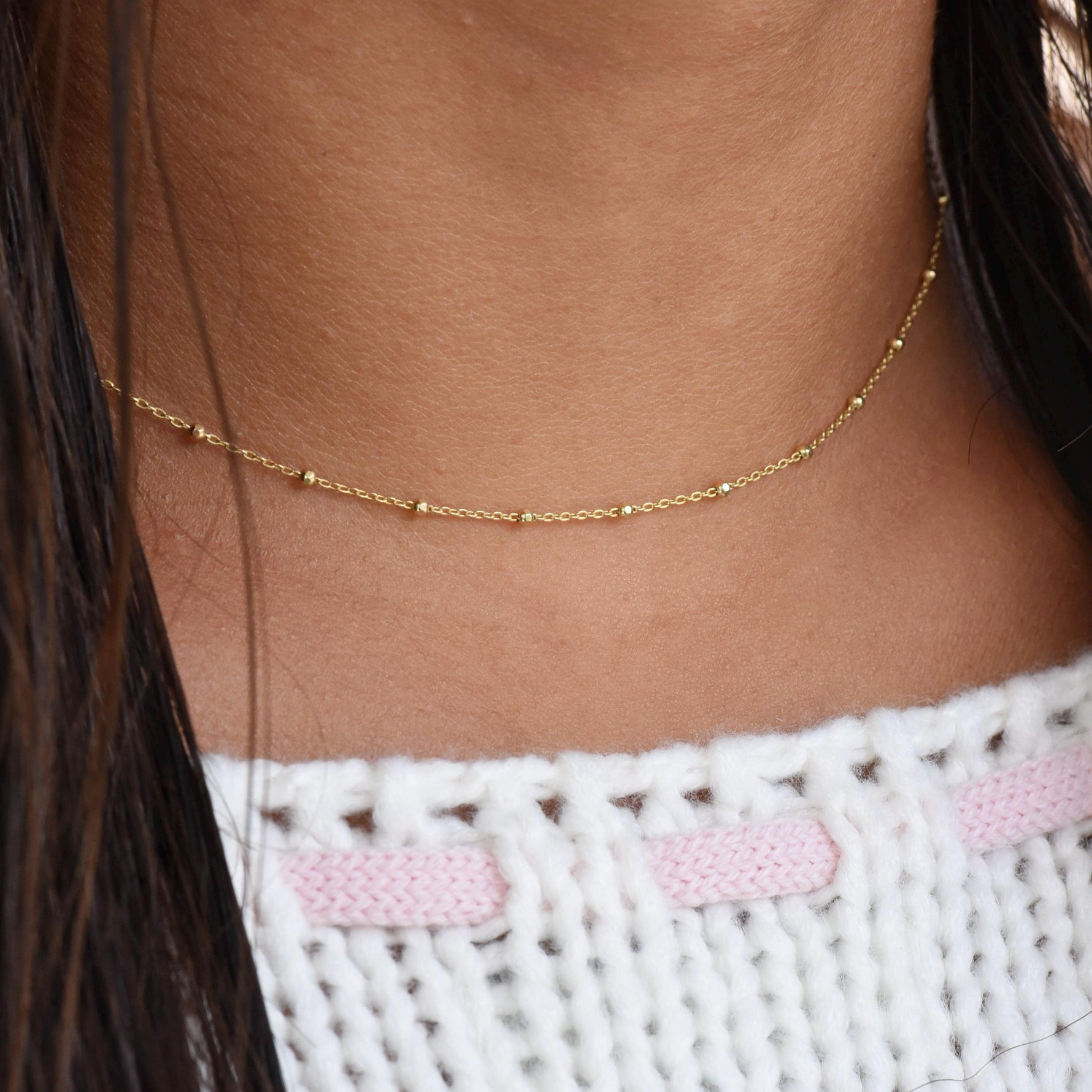 14K Solid Gold Delicate Necklace — Beaded Cable Chain (Available in Yellow, Rose, and White Gold) - Sash Jewelry