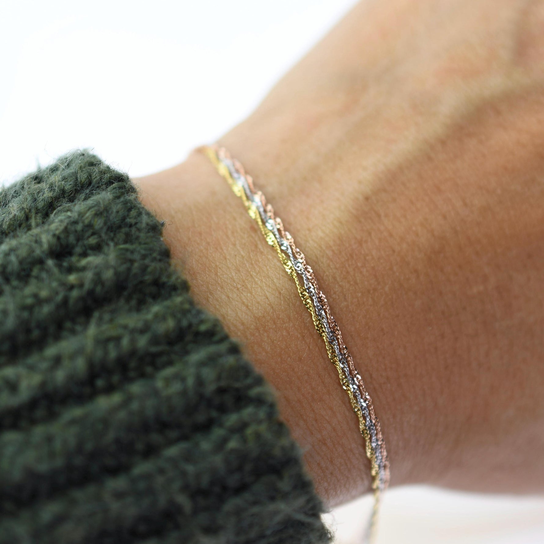 14K gold dainty sparkle bracelet with tri-color Singapore chain, showcasing elegant, delicate jewelry by Sash Jewelry.