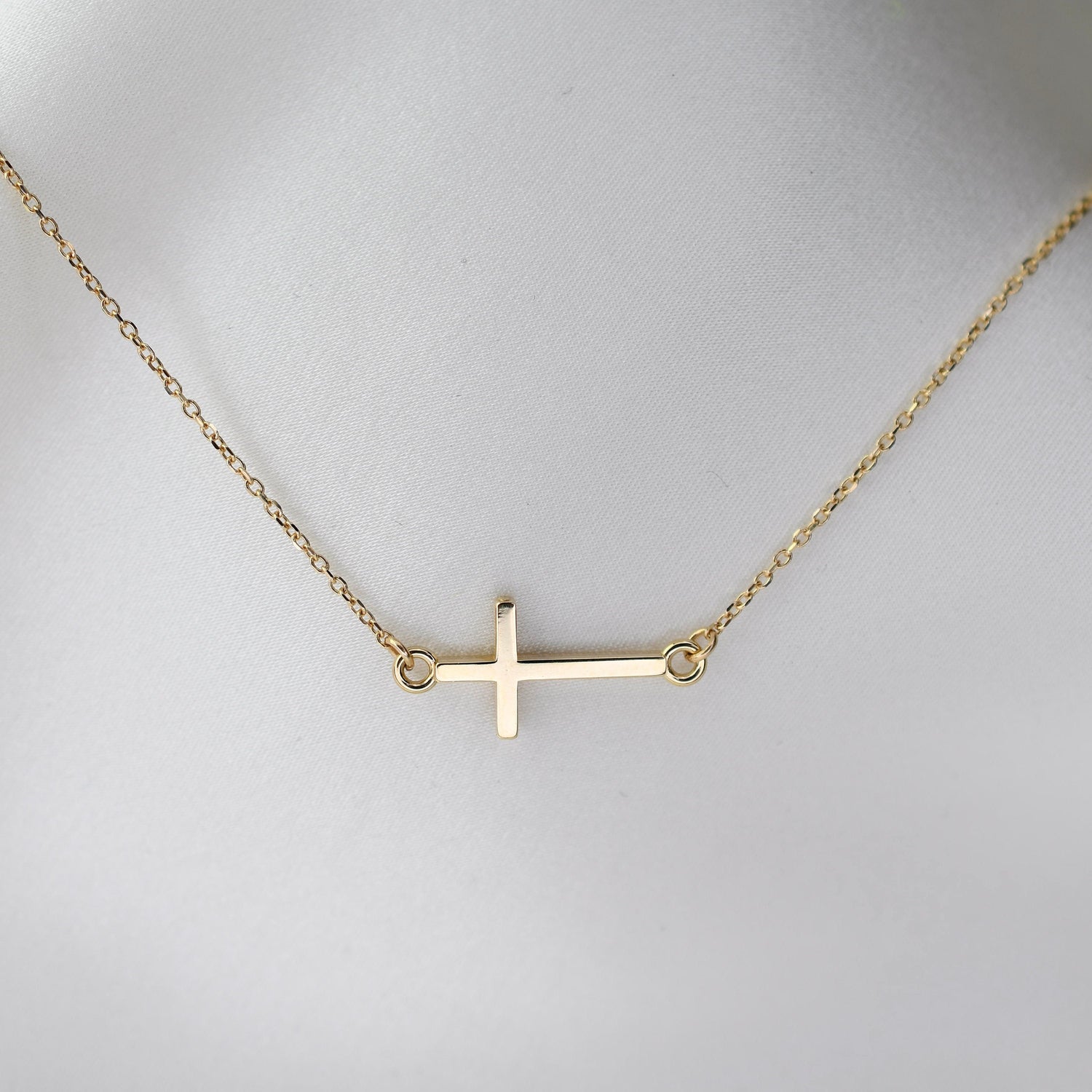 14k Gold Sideways Cross Necklace, Religious Jewelry, Mothers Gift - Sash Jewelry