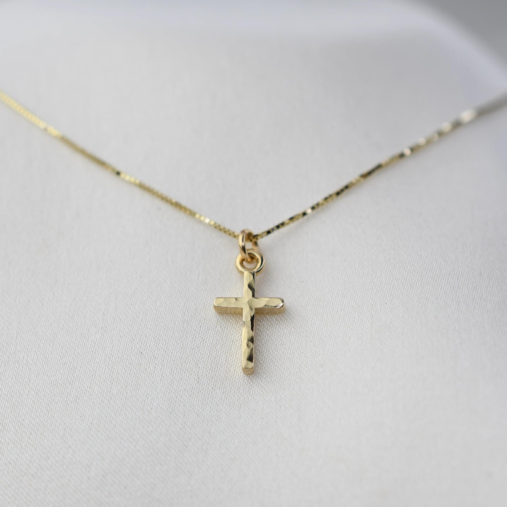 14K Gold Tiny Hammered Cross Necklace - Sash Jewelry