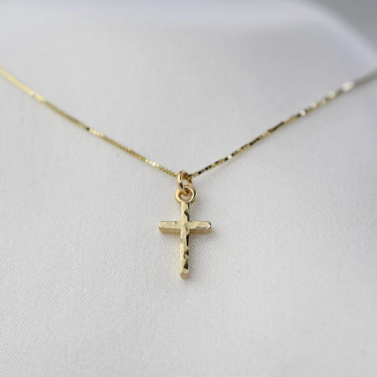 14K Gold Tiny Hammered Cross Necklace