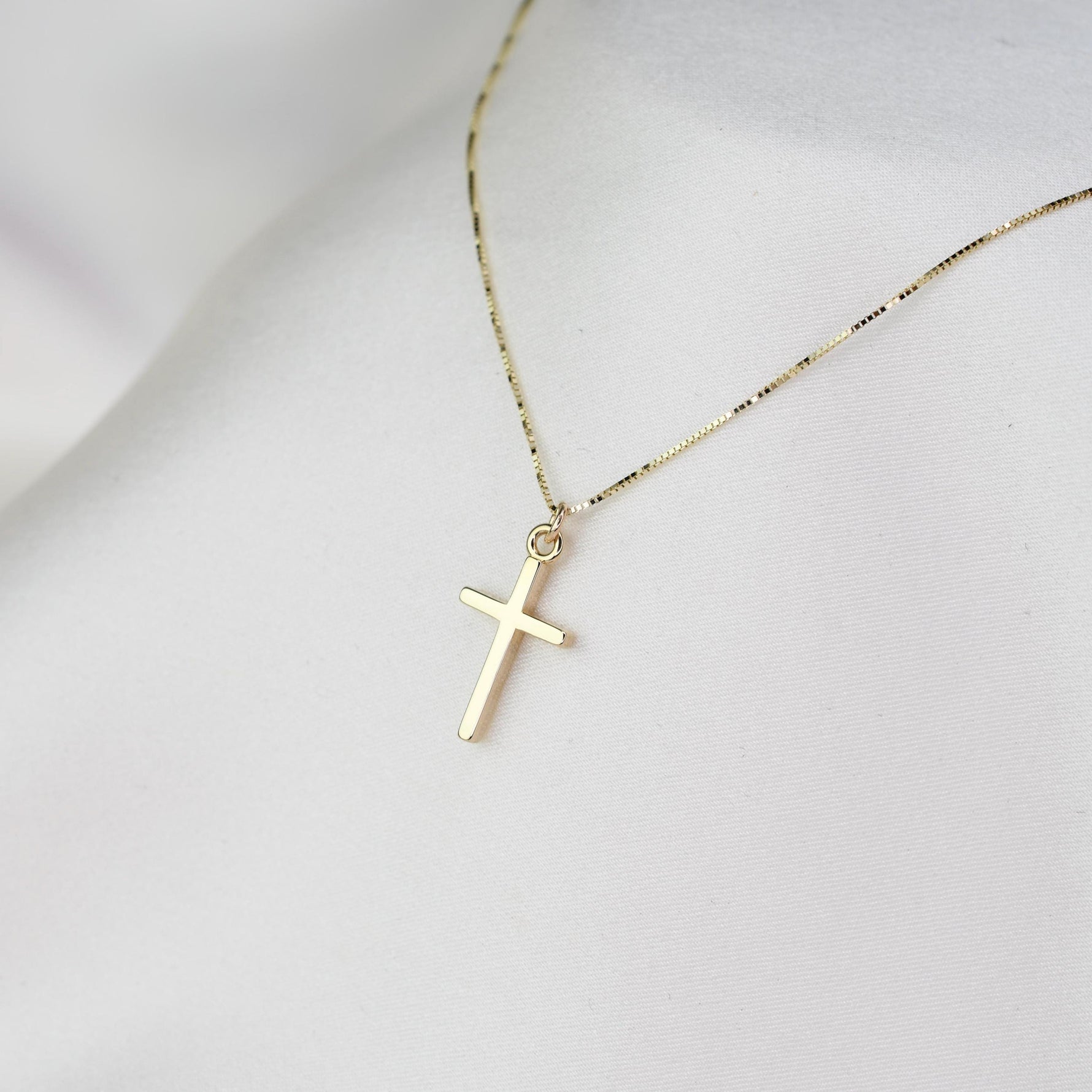 14K Gold Small Cross Necklace: Dainty Box Chain - Sash Jewelry