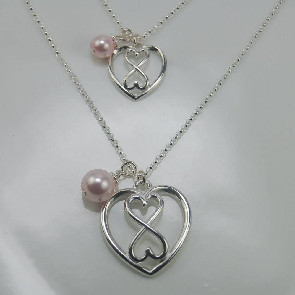 Mother Daughter heart Infinity necklace set, Heart Infinity necklaces, Silver Infinity, Pink Pearl Necklace - Sash Jewelry