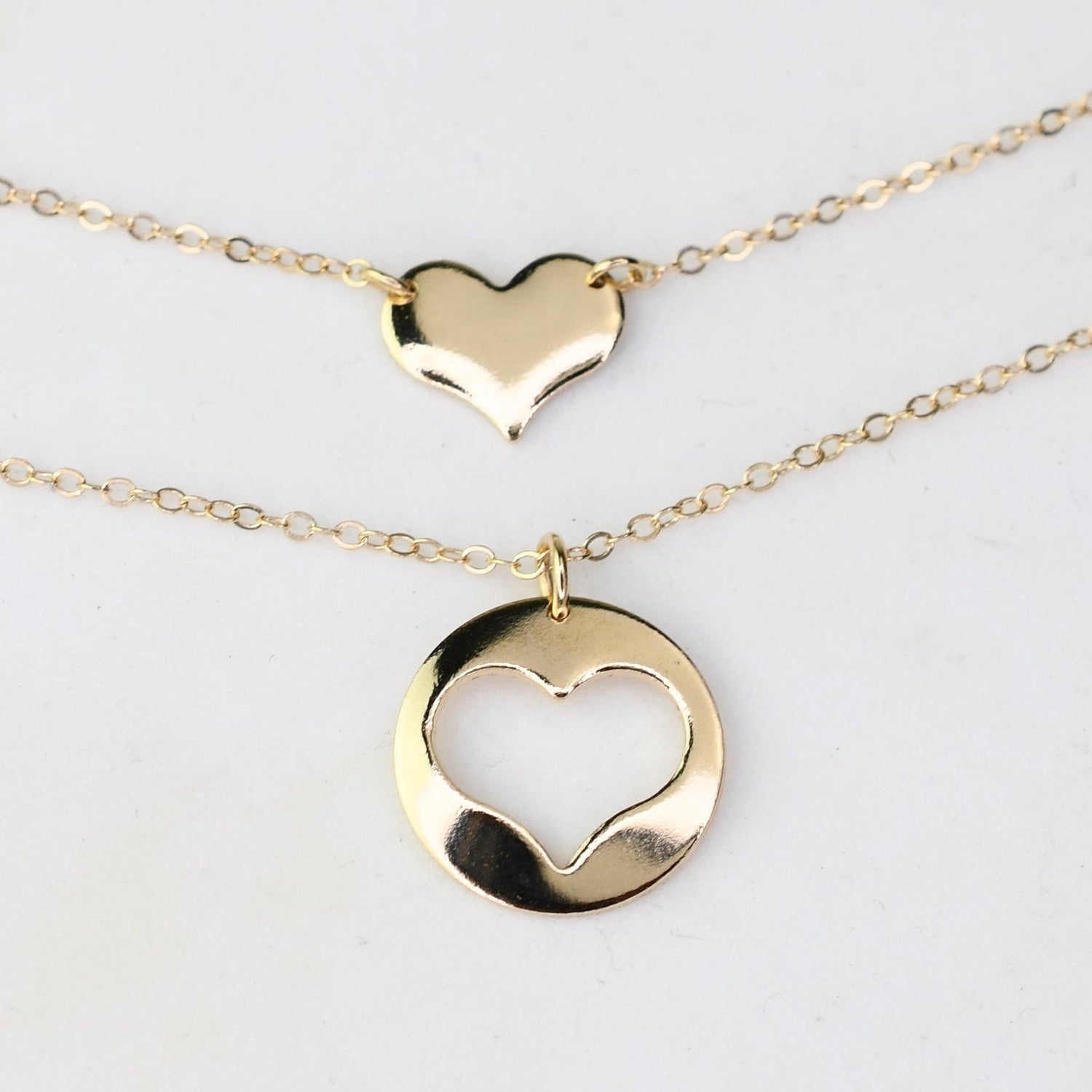 Mother Daughter Gift. Mother daughter 14K gold heart necklace set. Mother Gift. - Sash Jewelry