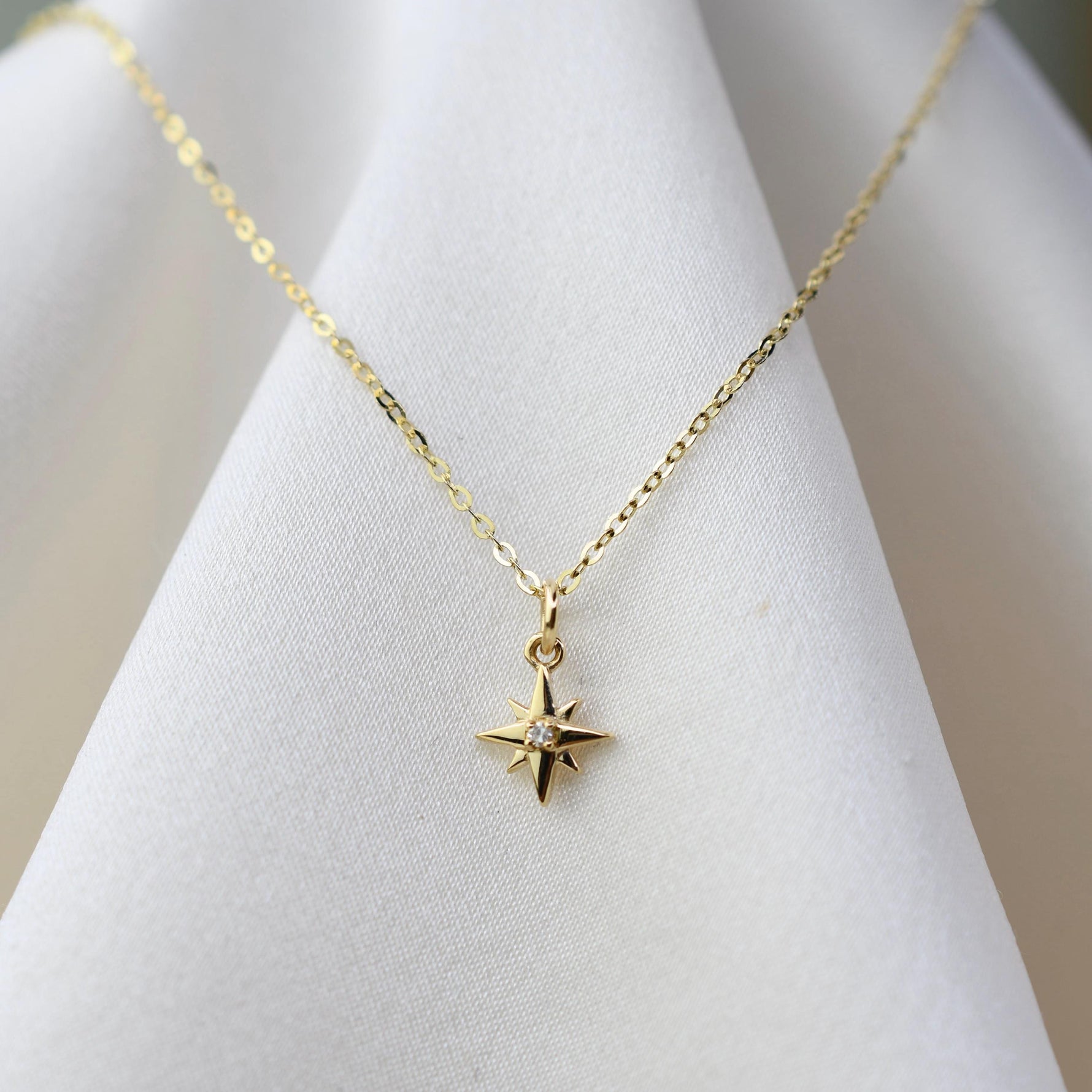 14K Gold North Star Necklace — Diamond Starburst Pendant, Dainty Solid Gold Necklace