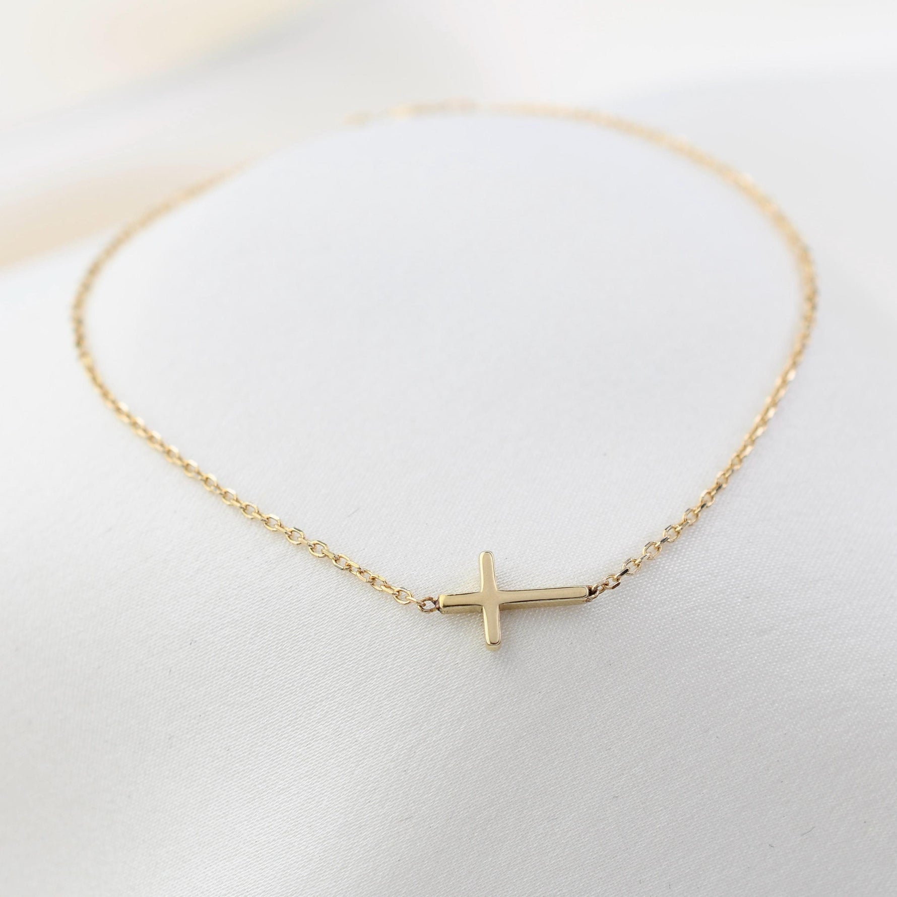 14K Solid Gold Side Cross Bracelet: Minimalist Christian Jewelry - Sash Jewelry