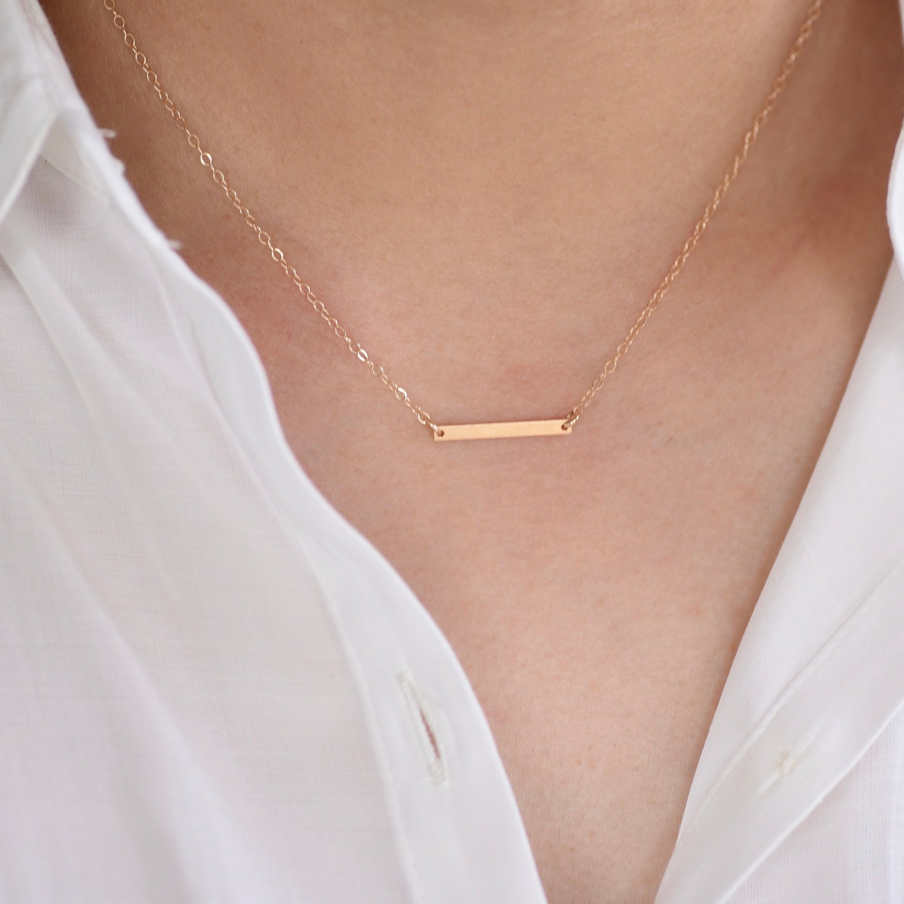 14k solid gold bar necklace dainty minimalist gold bar pendant flat cable chain