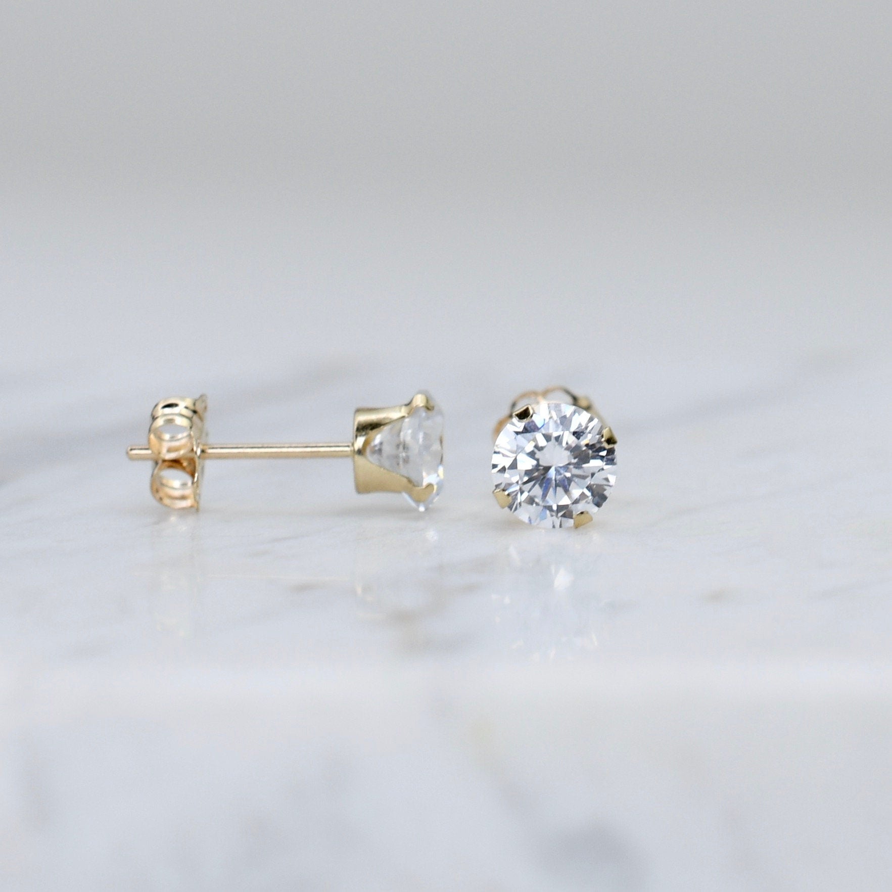 14K Gold CZ Stud Earrings – Round CZ Studs in 3mm 4mm 5mm - Sash Jewelry