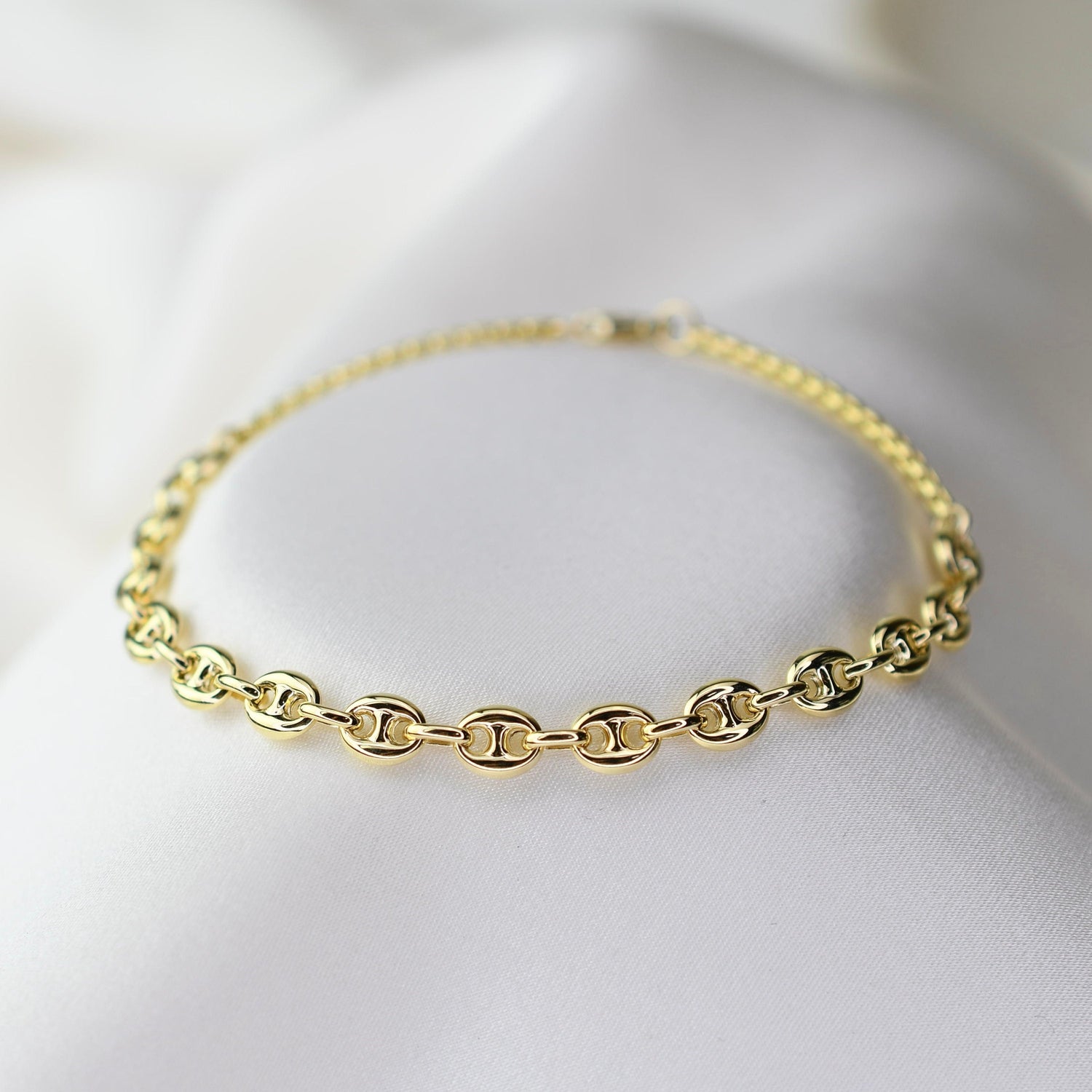 14K Gold Puffed Anchor Chain Bracelet - Sash Jewelry