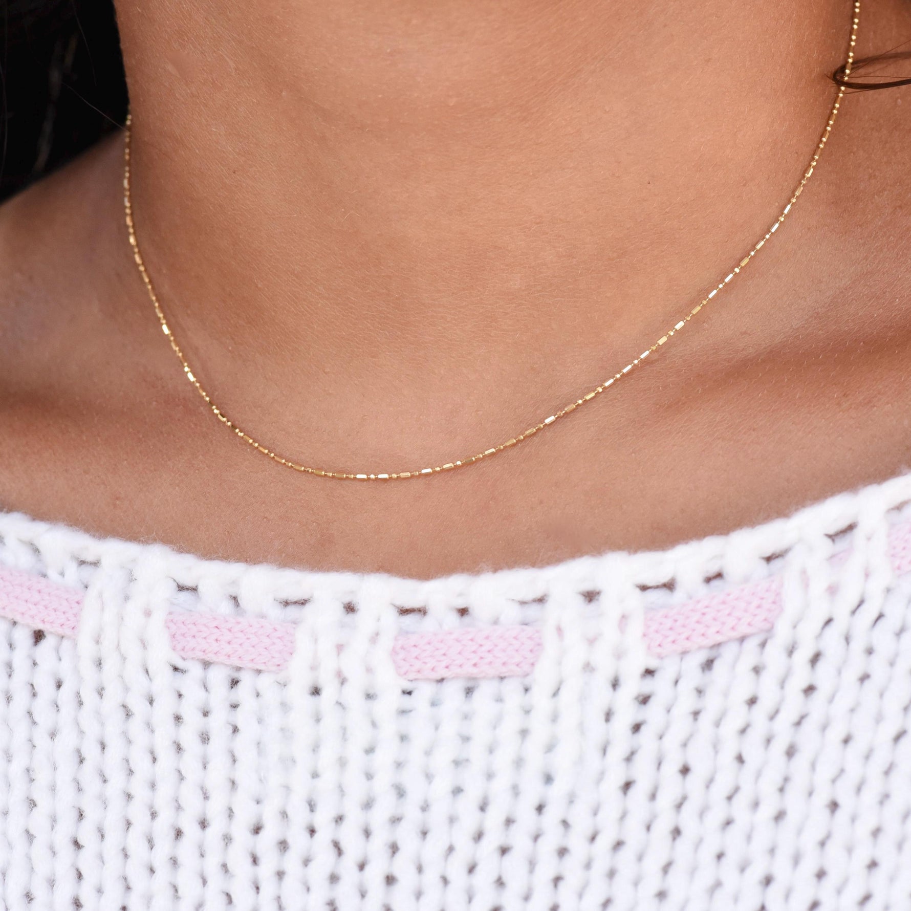 14K Gold Cylinder & Round Bead Necklace – Delicate Layering Jewelry - Sash Jewelry