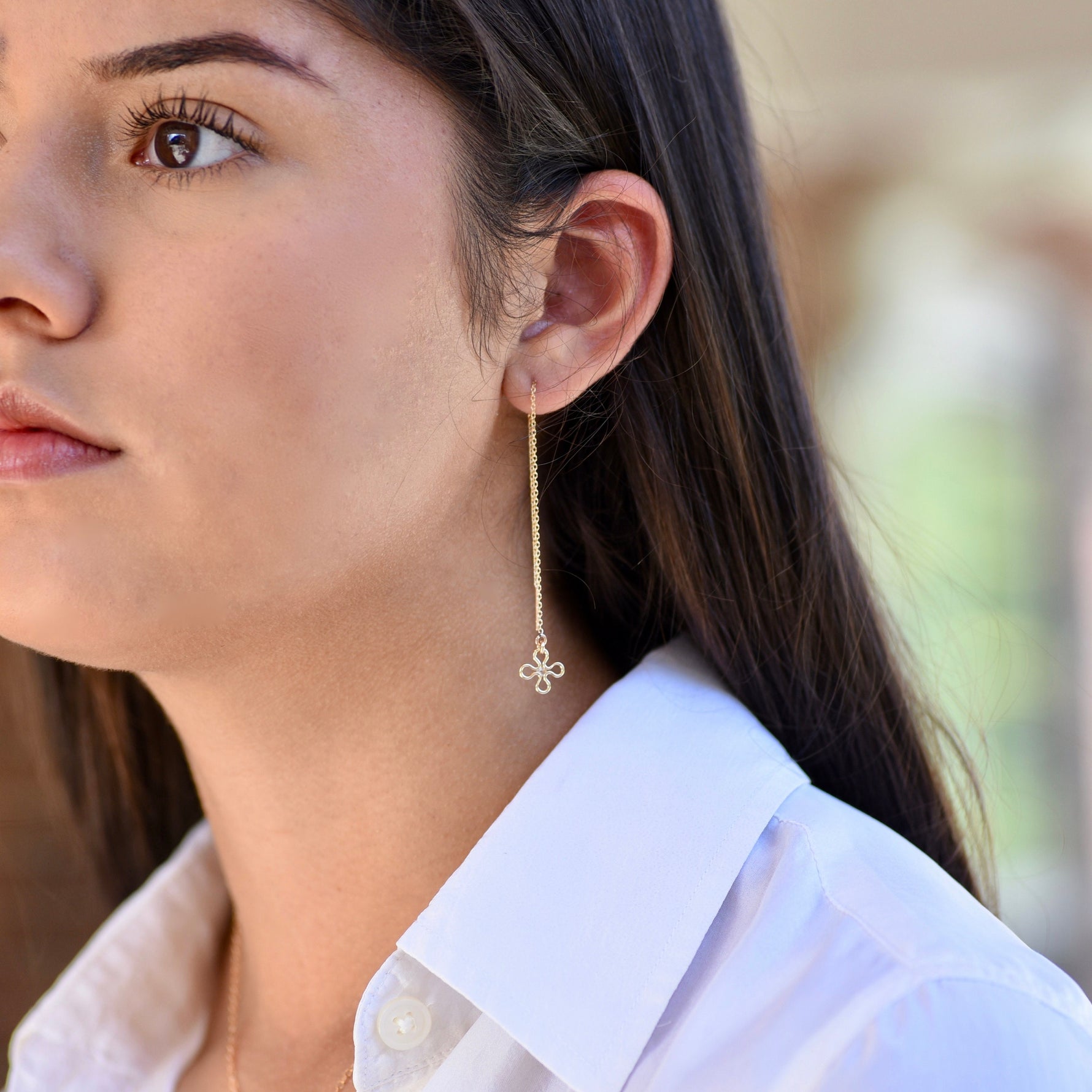 Gold Threader Tiny Flower Earrings – Delicate Gold Chain Earrings, Dainty Floral Jewelry, Minimalist Pull Through Earrings - Sash Jewelry