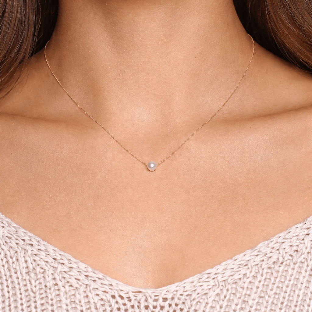 Floating Pearl Necklace – 14K Solid Gold Delicate Pearl Choke - Sash Jewelry