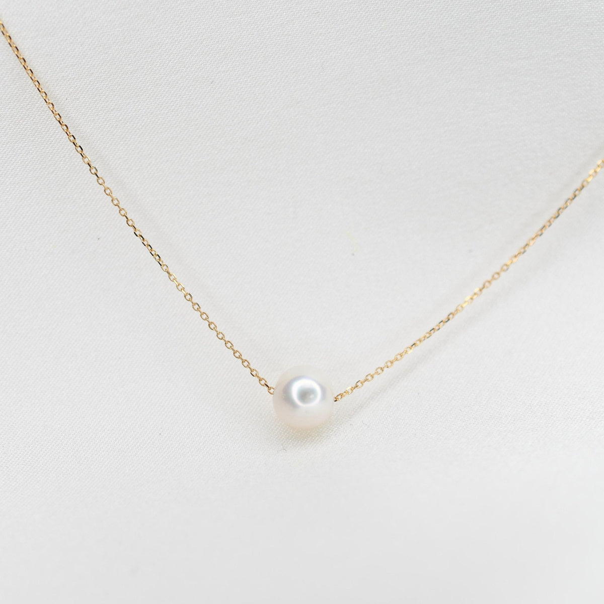 Floating Pearl Necklace – 14K Solid Gold Delicate Pearl Choke - Sash Jewelry