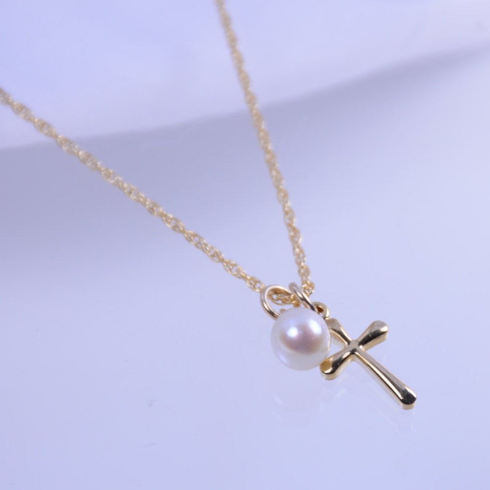 Girls Gold Cross Necklace with Freshwater Pearl - Sash Jewelry