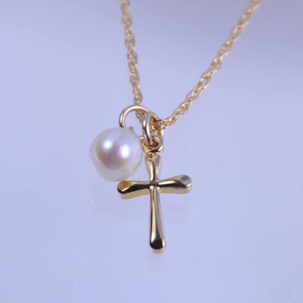 Girls Gold Cross Necklace with Freshwater Pearl - Sash Jewelry