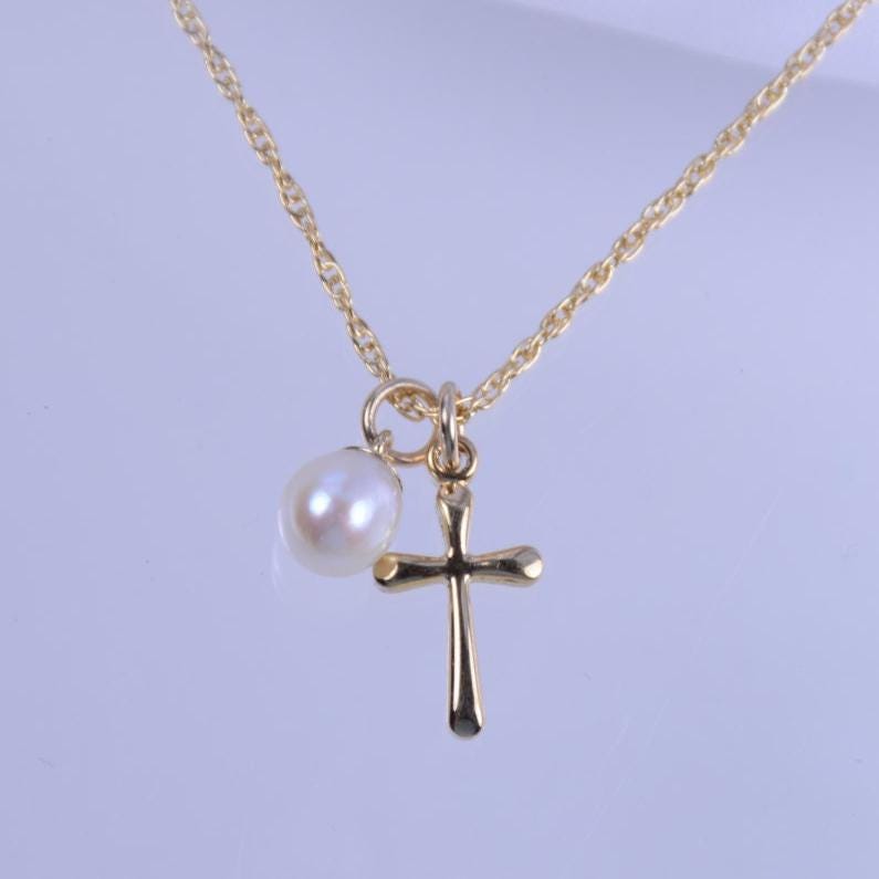 Girls Gold Cross Necklace with Freshwater Pearl - Sash Jewelry