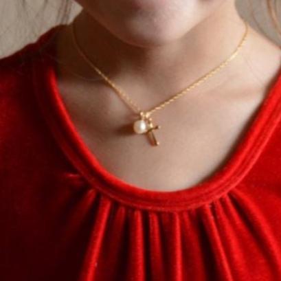 Girls Gold Cross Necklace with Freshwater Pearl - Sash Jewelry
