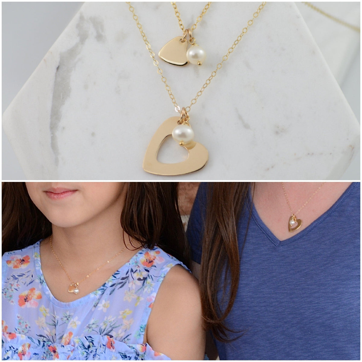 Mother Daughter Heart and Pearl Necklace Set - Sash Jewelry