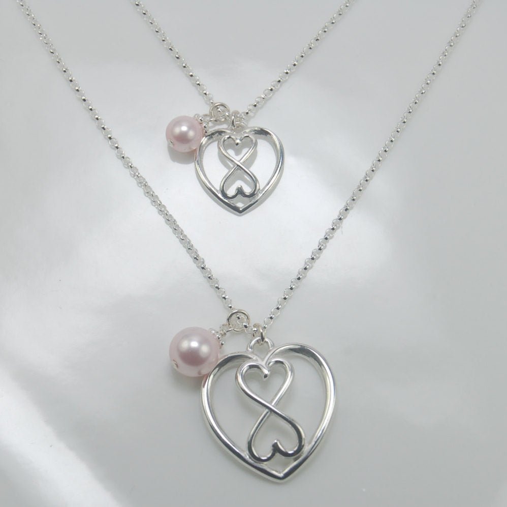 Mother Daughter Heart Infinity Necklace Set – Sterling Silver Infinity Necklaces with Pink Swarovski Pearls - Sash Jewelry