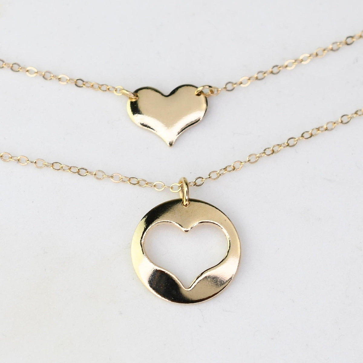 Mother Daughter Necklace Set – 14K Solid Gold Charm Necklace Set (Mom + Daughter Heart) - Sash Jewelry