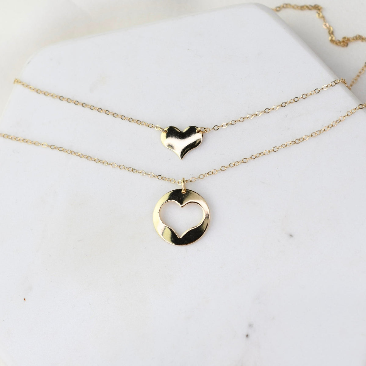 Mother Daughter Necklace Set – 14K Solid Gold Charm Necklace Set (Mom + Daughter Heart) - Sash Jewelry