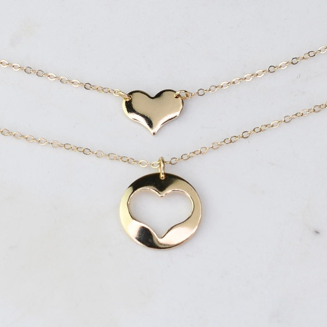 Mother Daughter Necklace Set – 14K Solid Gold Charm Necklace Set (Mom + Daughter Heart) - Sash Jewelry