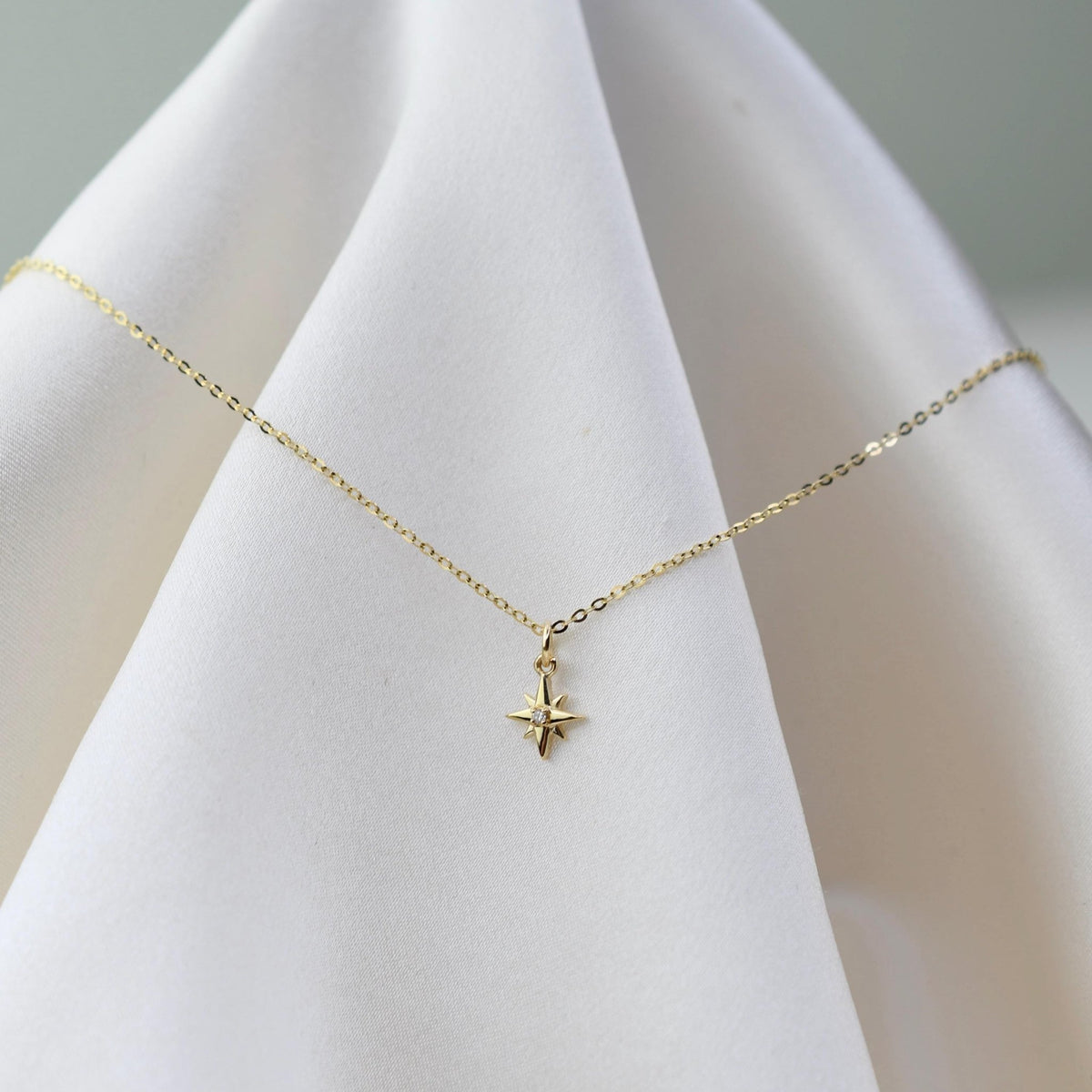 North Star 14K Gold Necklace — Diamond Starburst Charm - Sash Jewelry